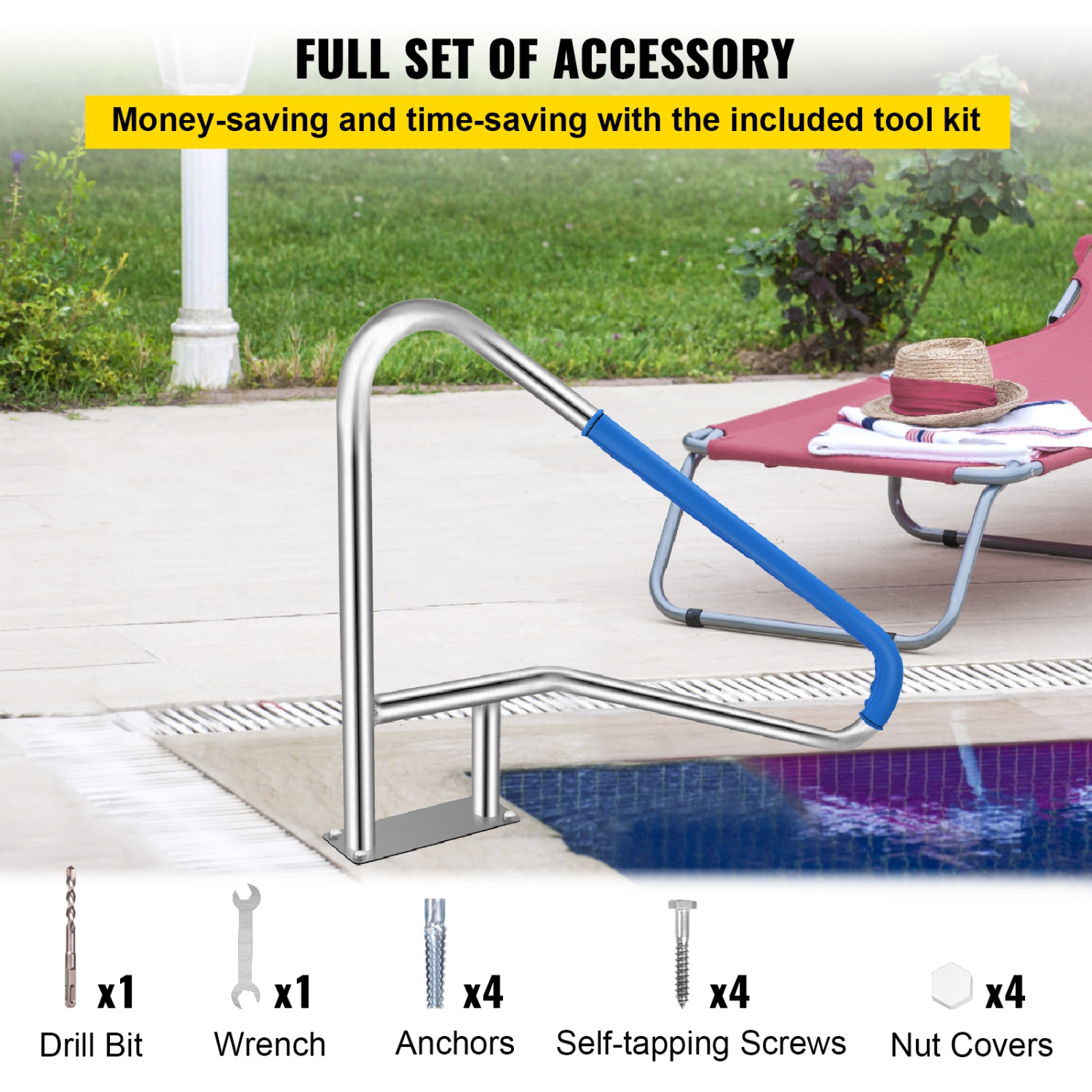 VEVOR 55x32 Pool Railing, 304 Stainless Steel, 250LBS Load Capacity, Silver Rustproof Humanized Swimming Pool Handrail with Blue Grip Cover & M8