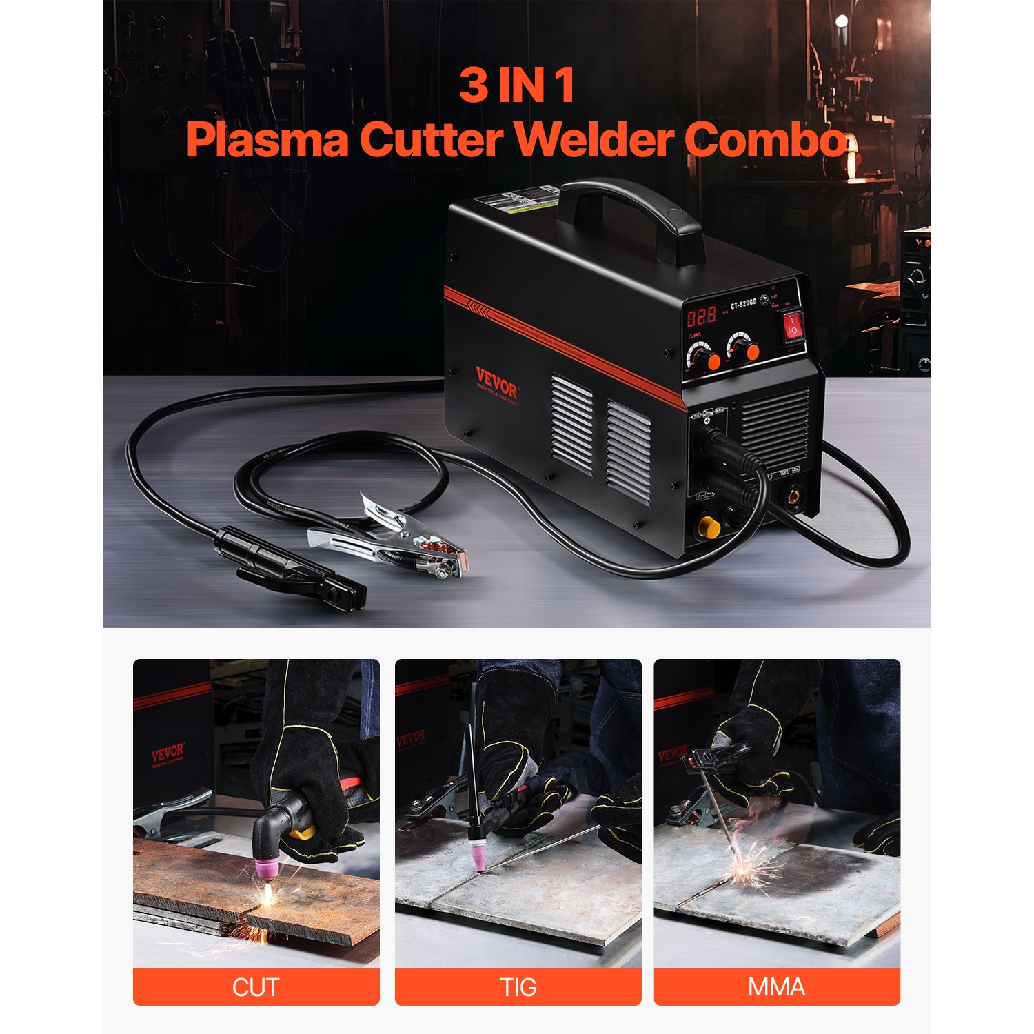 VEVOR 3 in 1 Plasma Cutter Welder Machine, CT-520GD TIG/MMA Plasma Cutter Combo Machine, 30A Non-Touch Pilot Arc, 200A TIG and Stick Welder, Digital