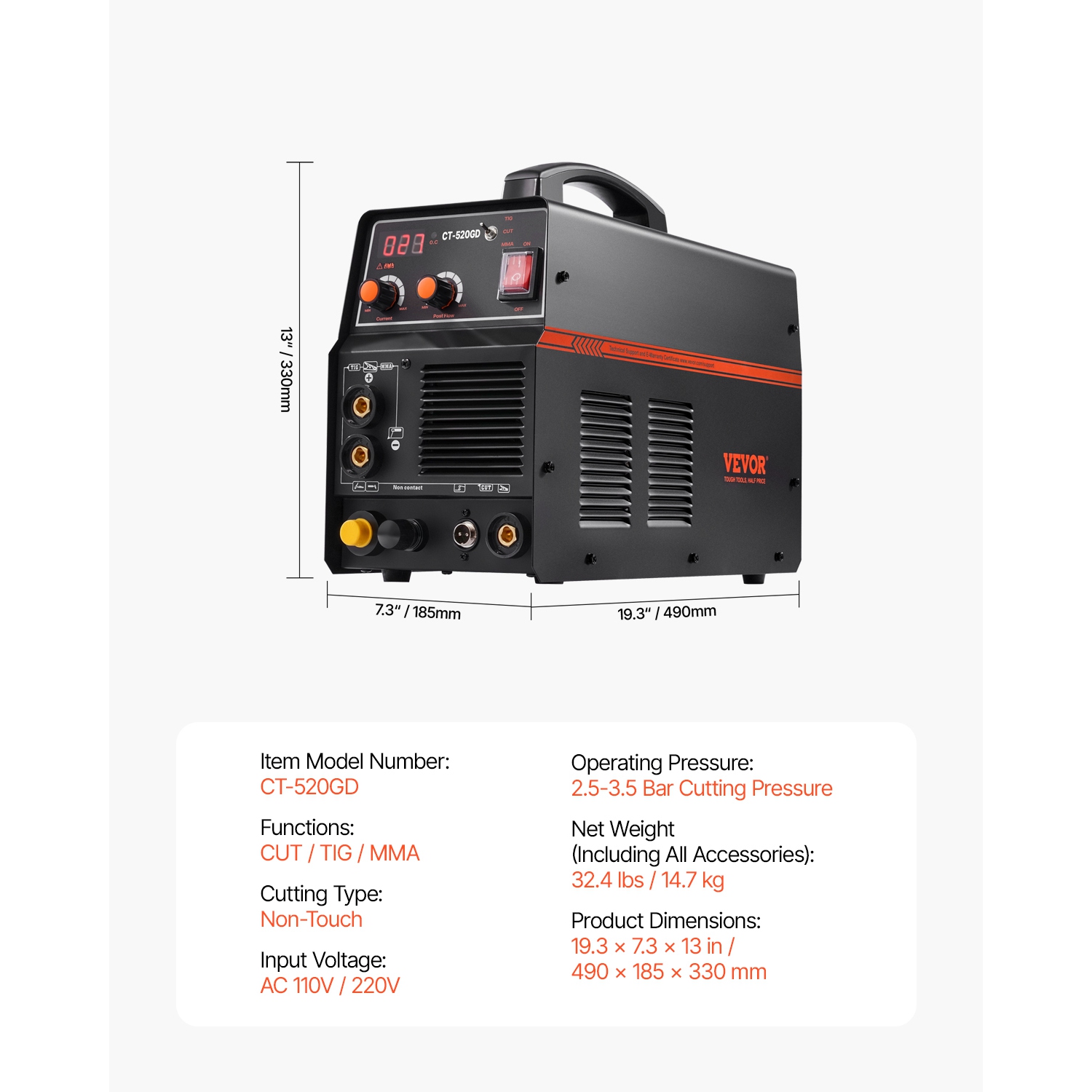 VEVOR 3 in 1 Plasma Cutter Welder Machine, CT-520GD TIG/MMA Plasma Cutter Combo Machine, 30A Non-Touch Pilot Arc, 200A TIG and Stick Welder, Digital