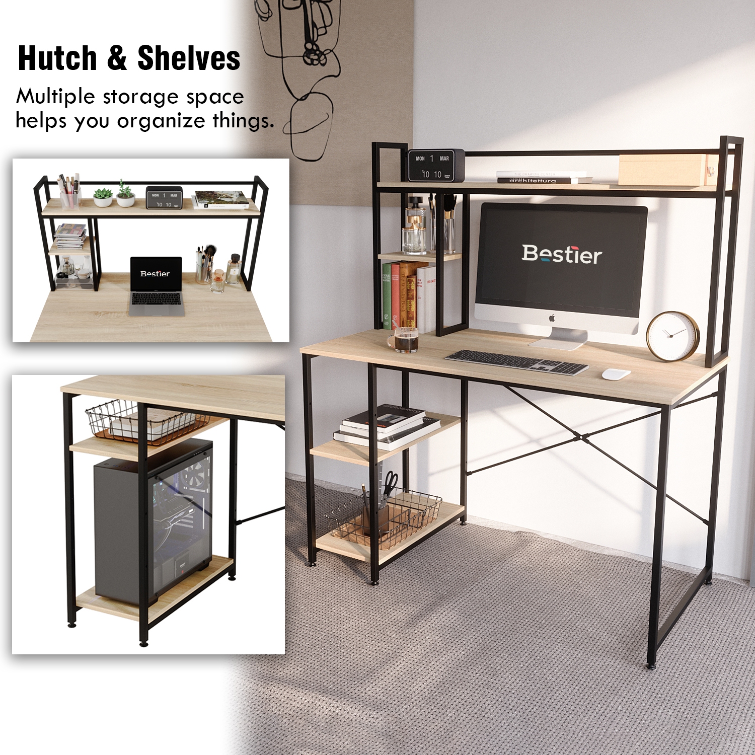 Bestier 55" Modern Computer Desk with Hutch Storage Shelves