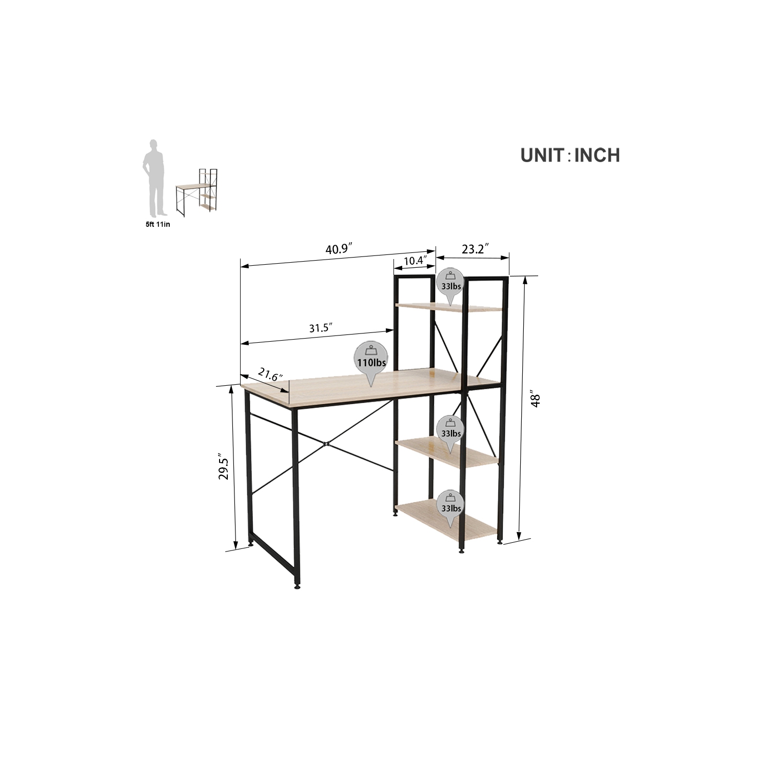 Bestier – Bureaux pour le bureau à domicile avec étagère réversible, bureau de 41&nbsp;po