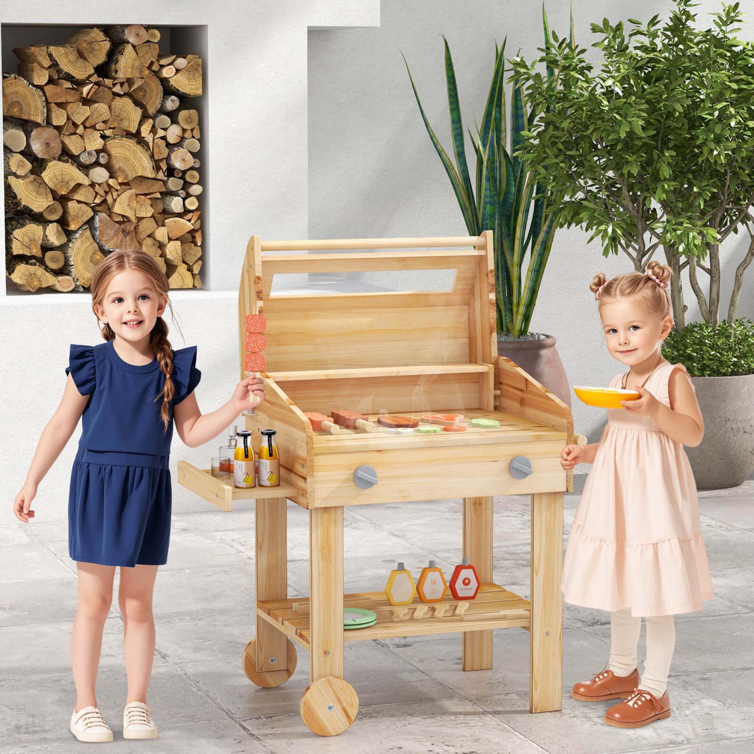 Costway Wooden Barbecue Grill Playset with Play Food Grilling Tools & Accessories