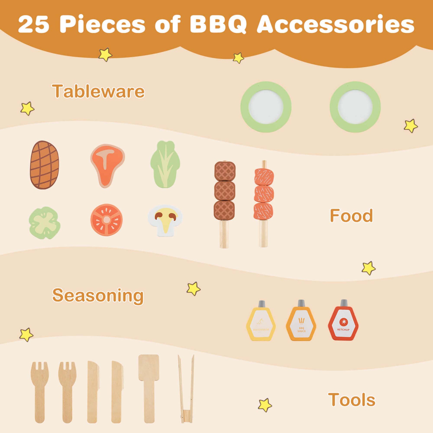 Costway Wooden Barbecue Grill Playset with Play Food Grilling Tools & Accessories