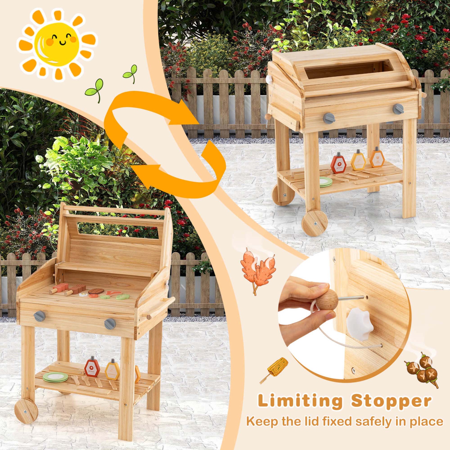 Costway Wooden Barbecue Grill Playset with Play Food Grilling Tools & Accessories