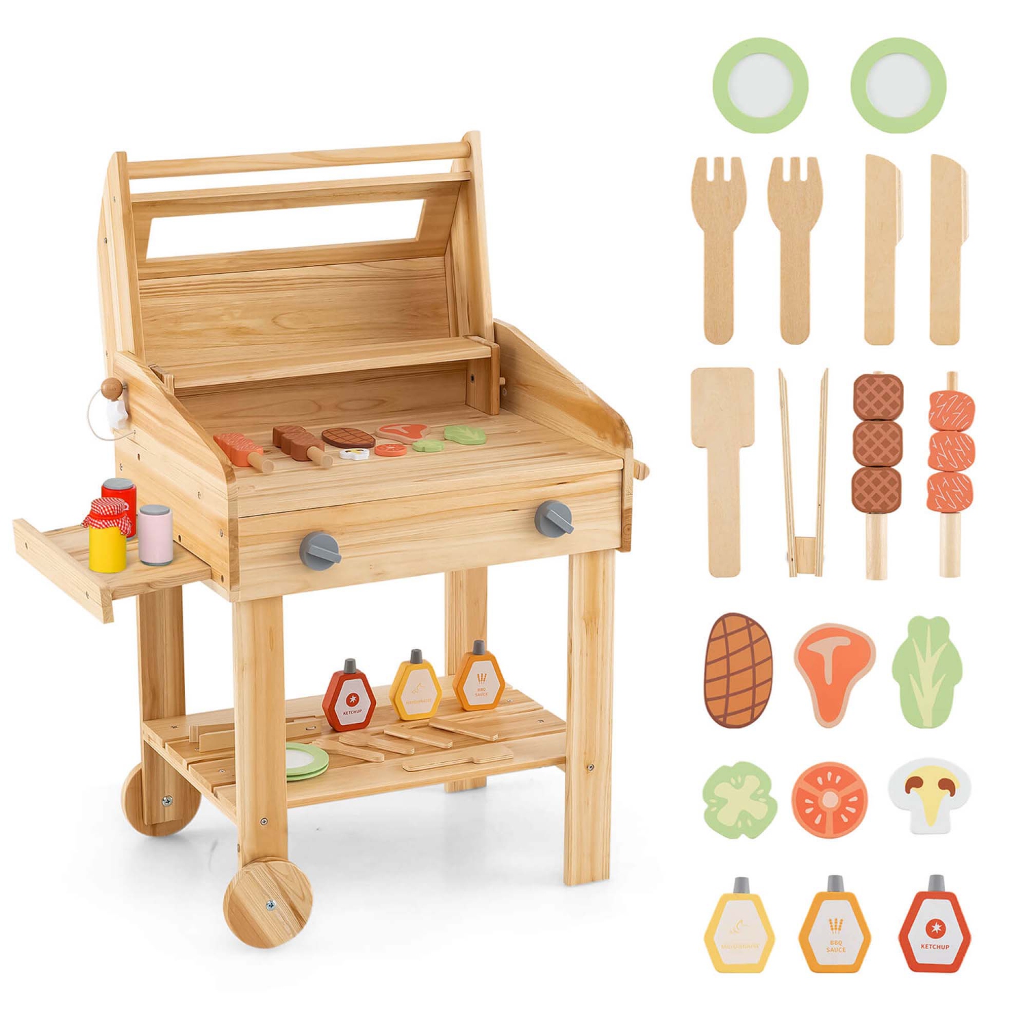 Costway Wooden Barbecue Grill Playset with Play Food Grilling Tools & Accessories