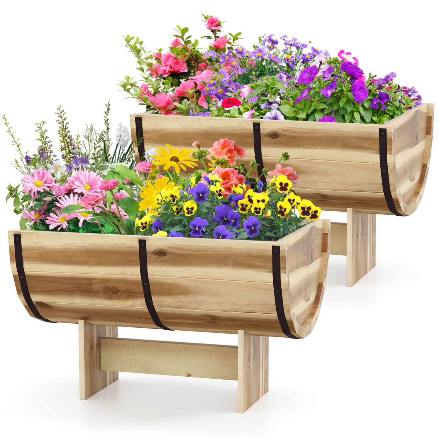 Costway 1/2 PCS Outdoor Wooden Planter Solid Acacia Wood Half-Barrel Planter Box with Legs