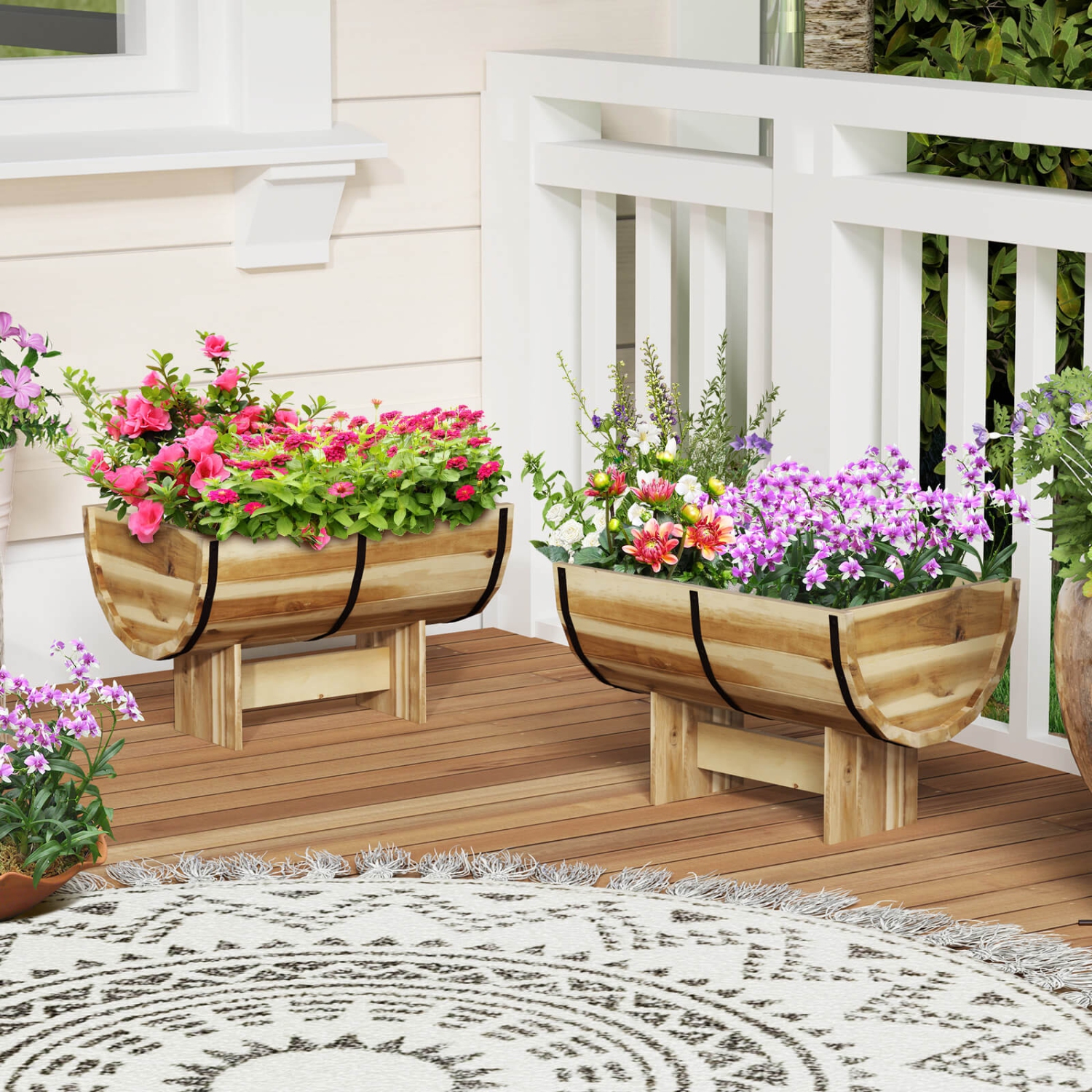 Costway 1/2 PCS Outdoor Wooden Planter Solid Acacia Wood Half-Barrel Planter Box with Legs