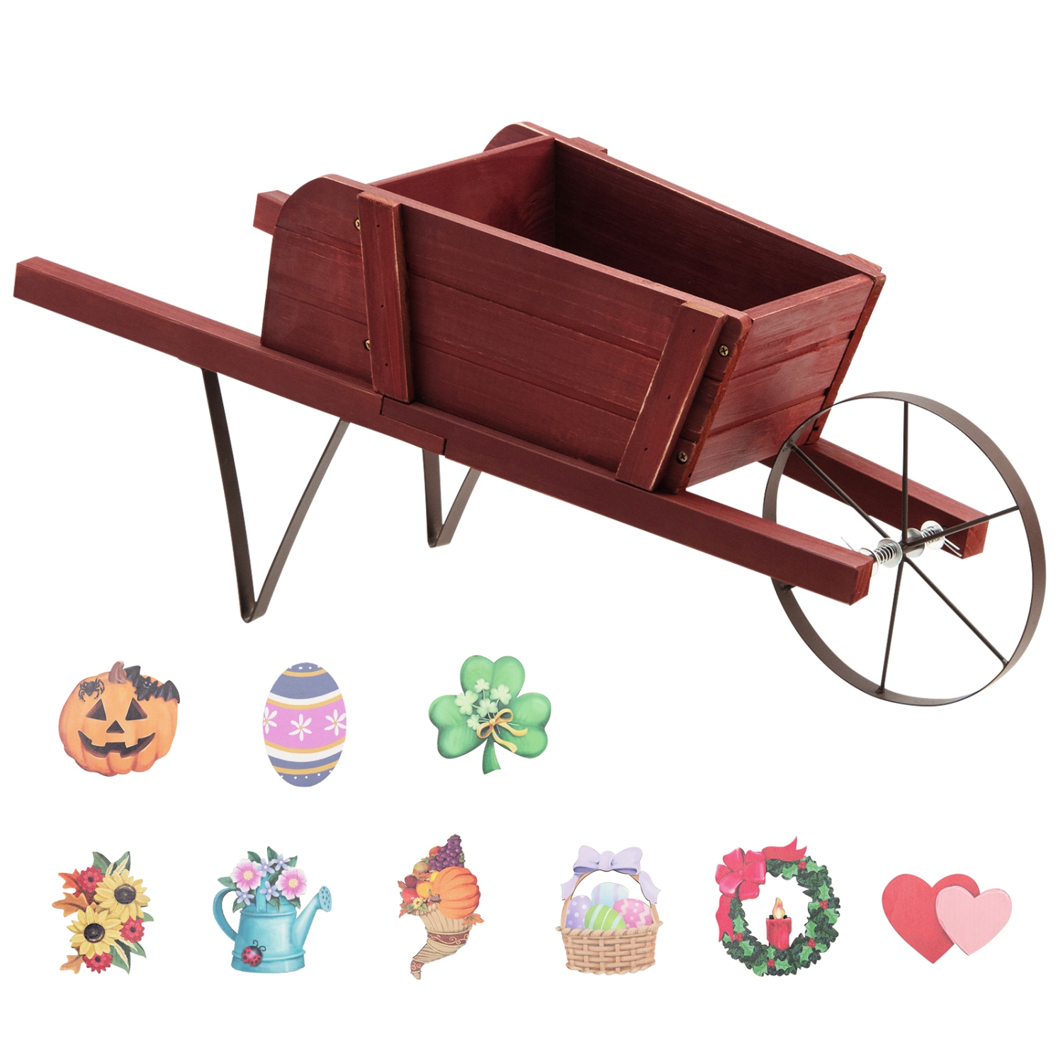 Costway Wooden Wagon Planter Decorative Indoor/Outdoor Rustic Flower Cart with Wheel Blue/Beige/Red