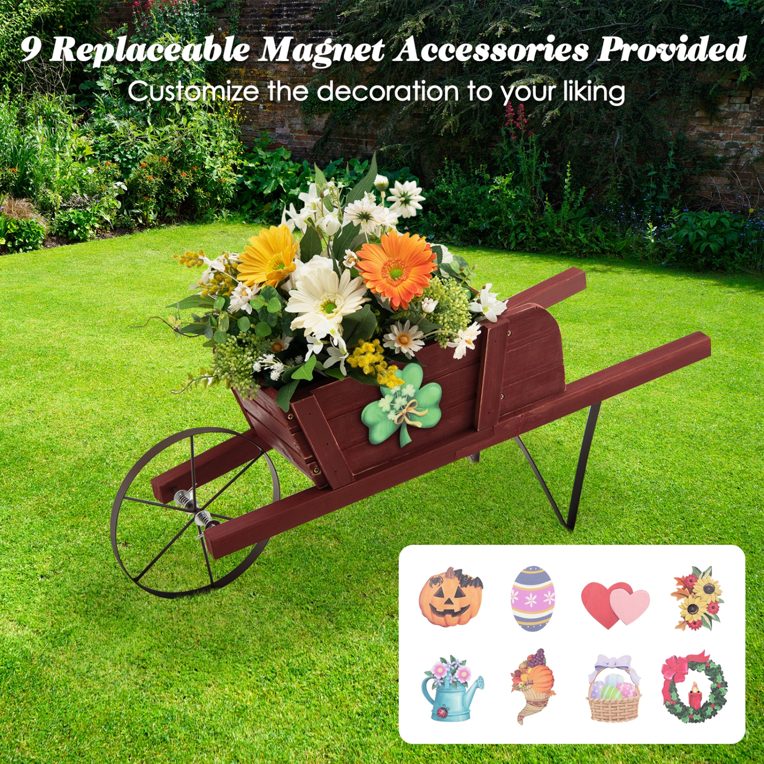 Costway Wooden Wagon Planter Decorative Indoor/Outdoor Rustic Flower Cart with Wheel Blue/Beige/Red