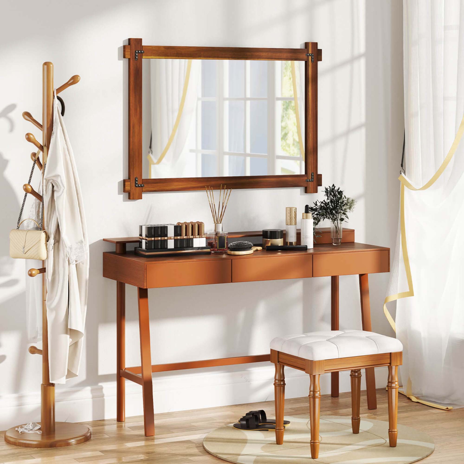 Miroir mural incassable 30 x 28,5&nbsp;po 20/35 x 24/40 avec cadre en bois d'acacia et rivets rétro de Costway