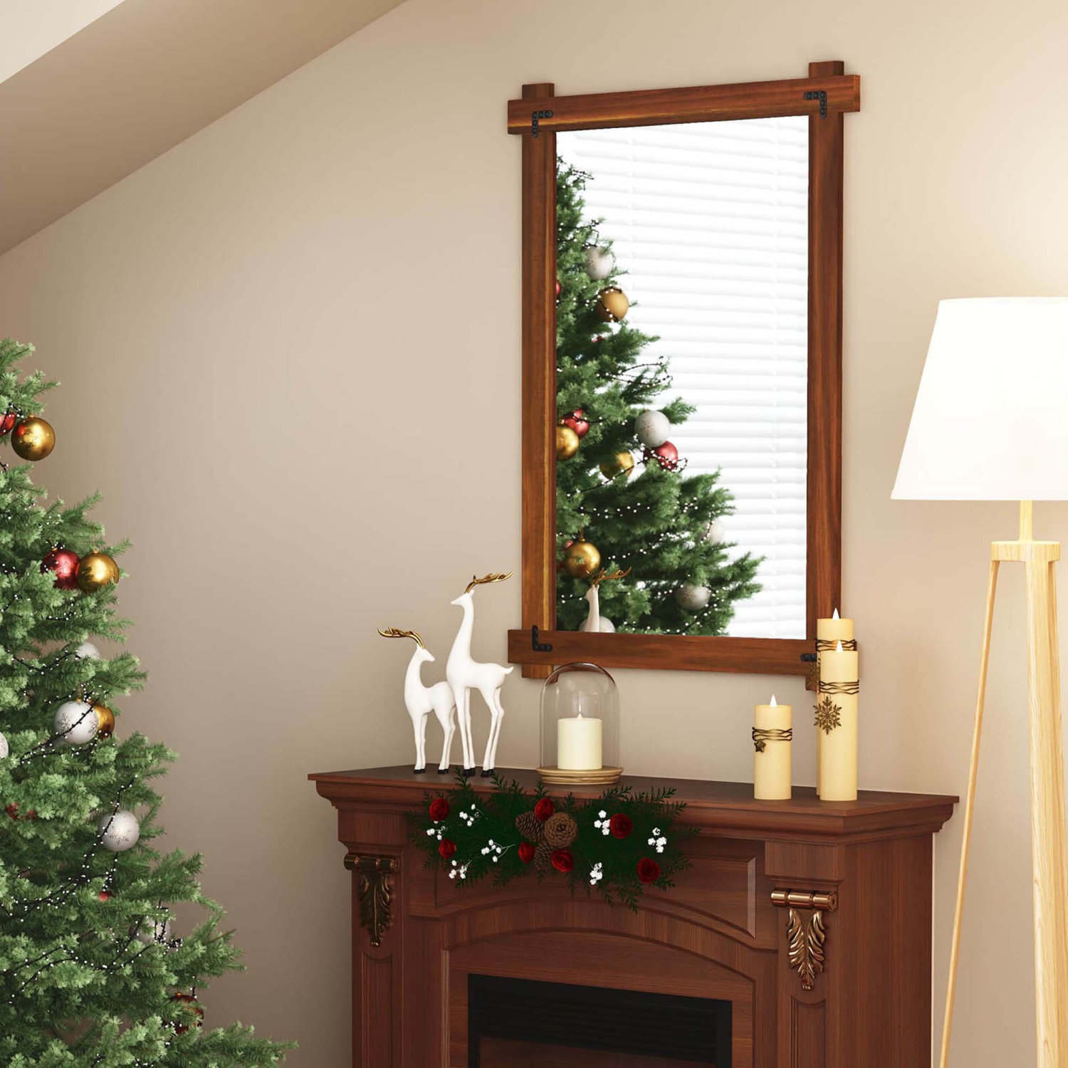 Miroir mural incassable 30 x 28,5&nbsp;po 20/35 x 24/40 avec cadre en bois d'acacia et rivets rétro de Costway