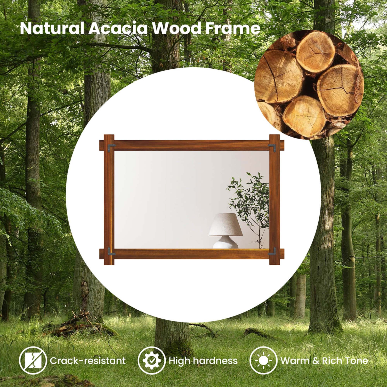 Miroir mural incassable 30 x 28,5&nbsp;po 20/35 x 24/40 avec cadre en bois d'acacia et rivets rétro de Costway