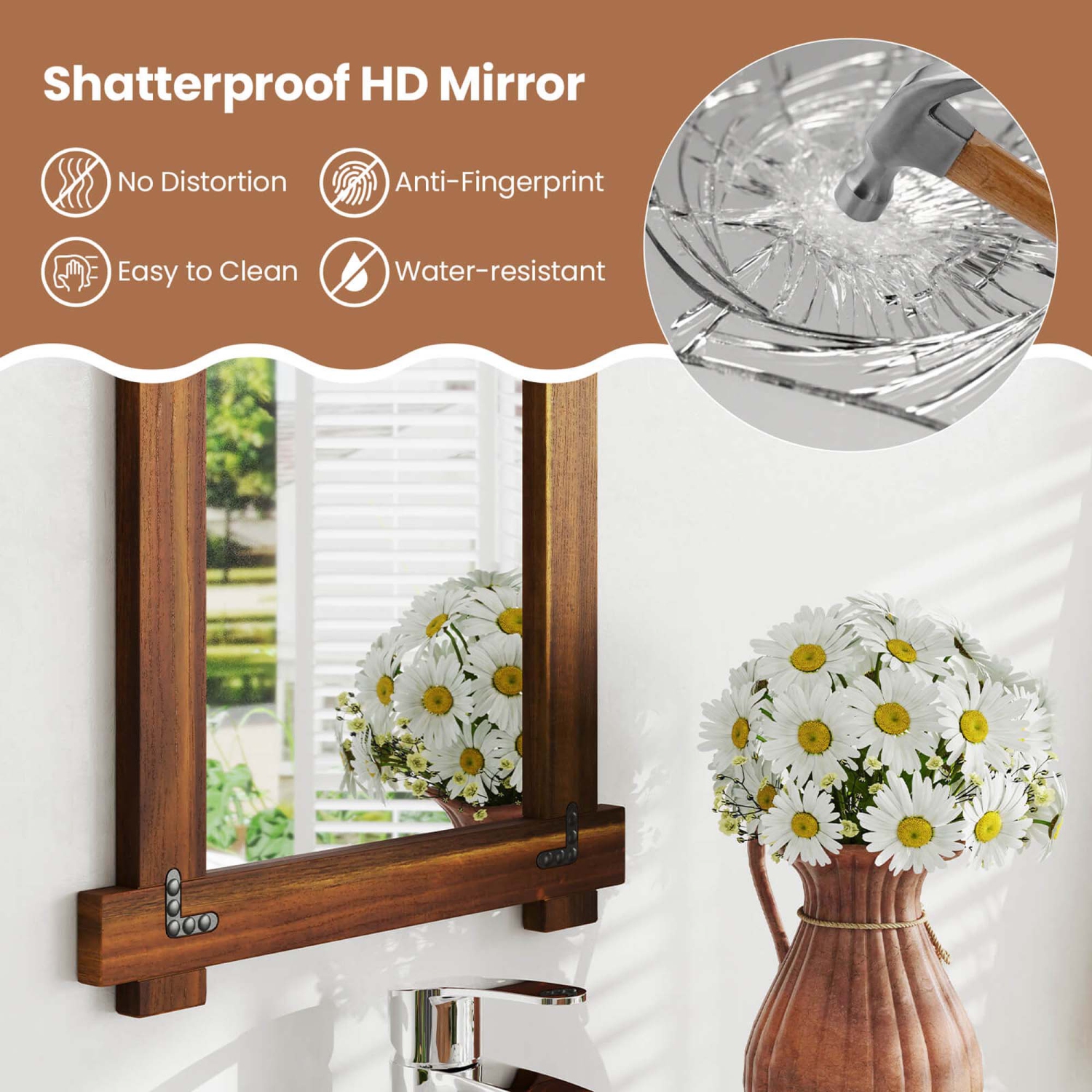 Miroir mural incassable 30 x 28,5&nbsp;po 20/35 x 24/40 avec cadre en bois d'acacia et rivets rétro de Costway