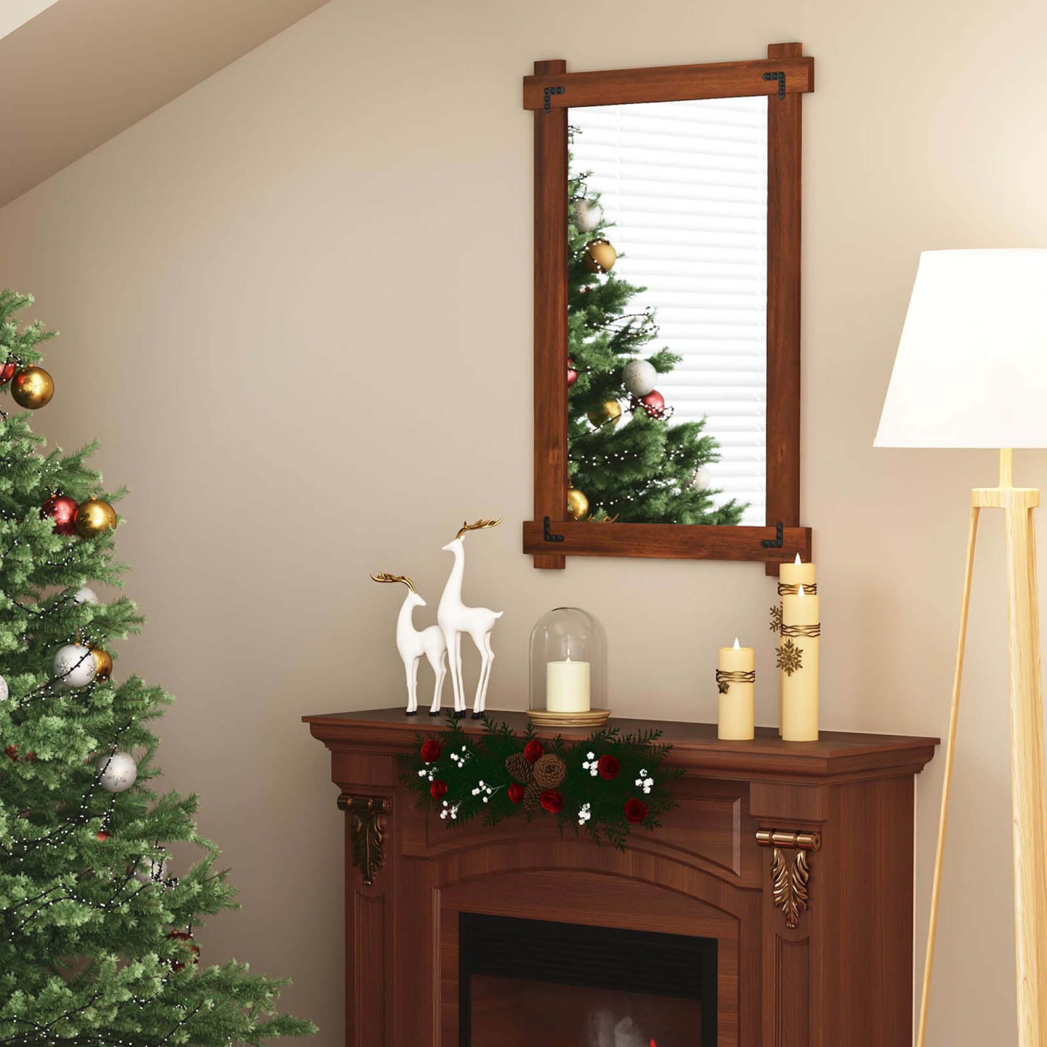 Miroir mural incassable 30 x 28,5&nbsp;po 20/35 x 24/40 avec cadre en bois d'acacia et rivets rétro de Costway