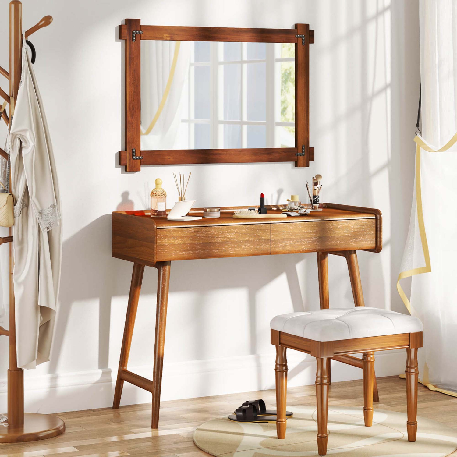 Miroir mural incassable 30 x 28,5&nbsp;po 20/35 x 24/40 avec cadre en bois d'acacia et rivets rétro de Costway