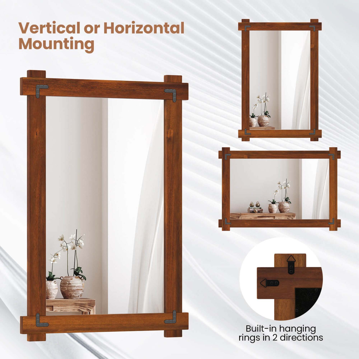 Miroir mural incassable 30 x 28,5&nbsp;po 20/35 x 24/40 avec cadre en bois d'acacia et rivets rétro de Costway