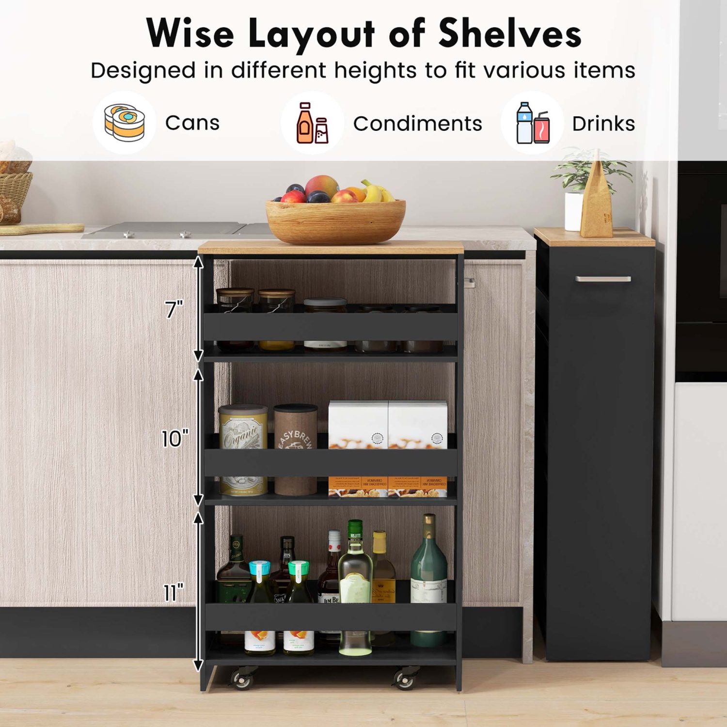 Costway 4-Tier Rolling Storage Cart 8" Slim Kitchen Cart on Wheels with Open Shelves