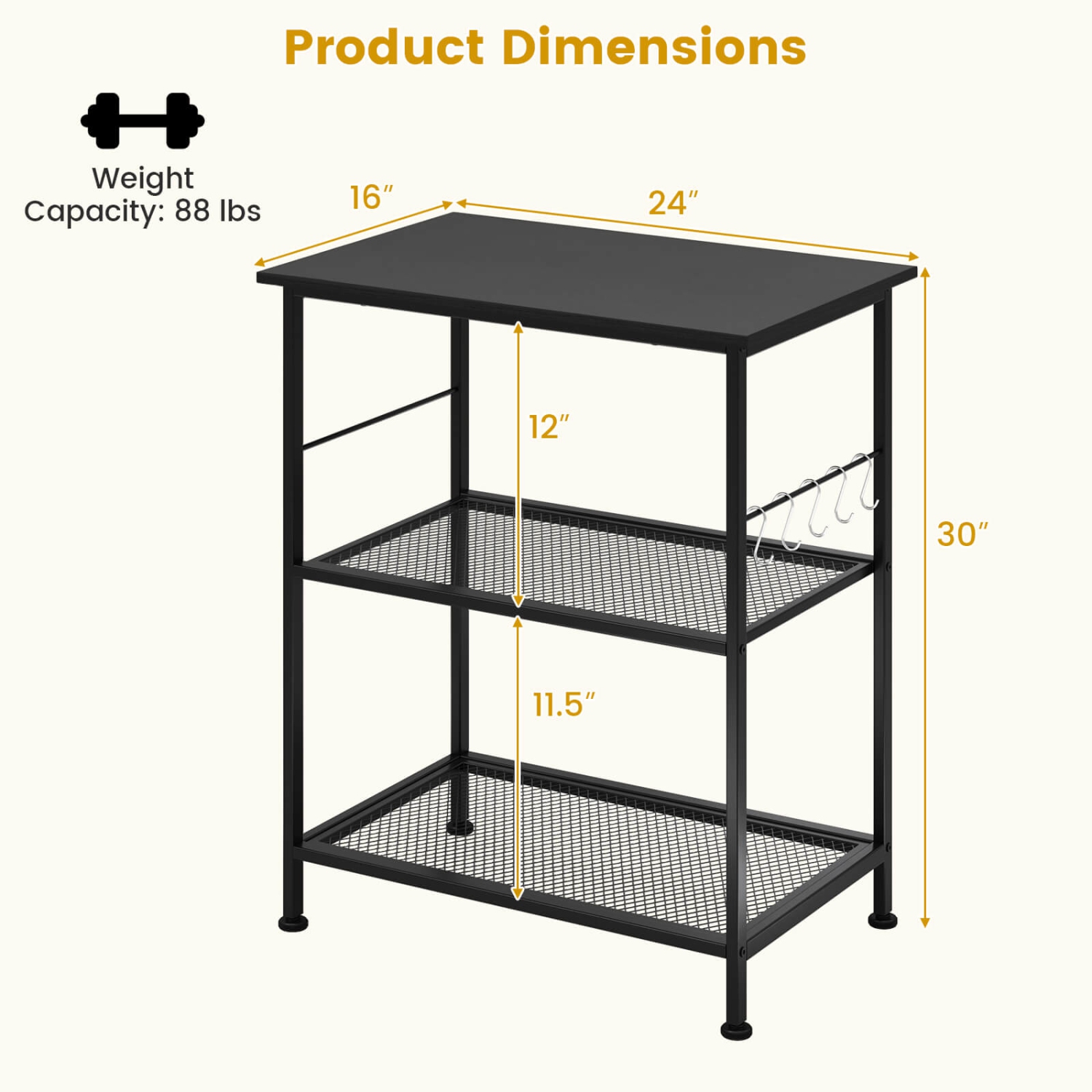 Costway 3-Tier Kitchen Serving Cart Utility Standing Microwave Rack with Hooks Rustic