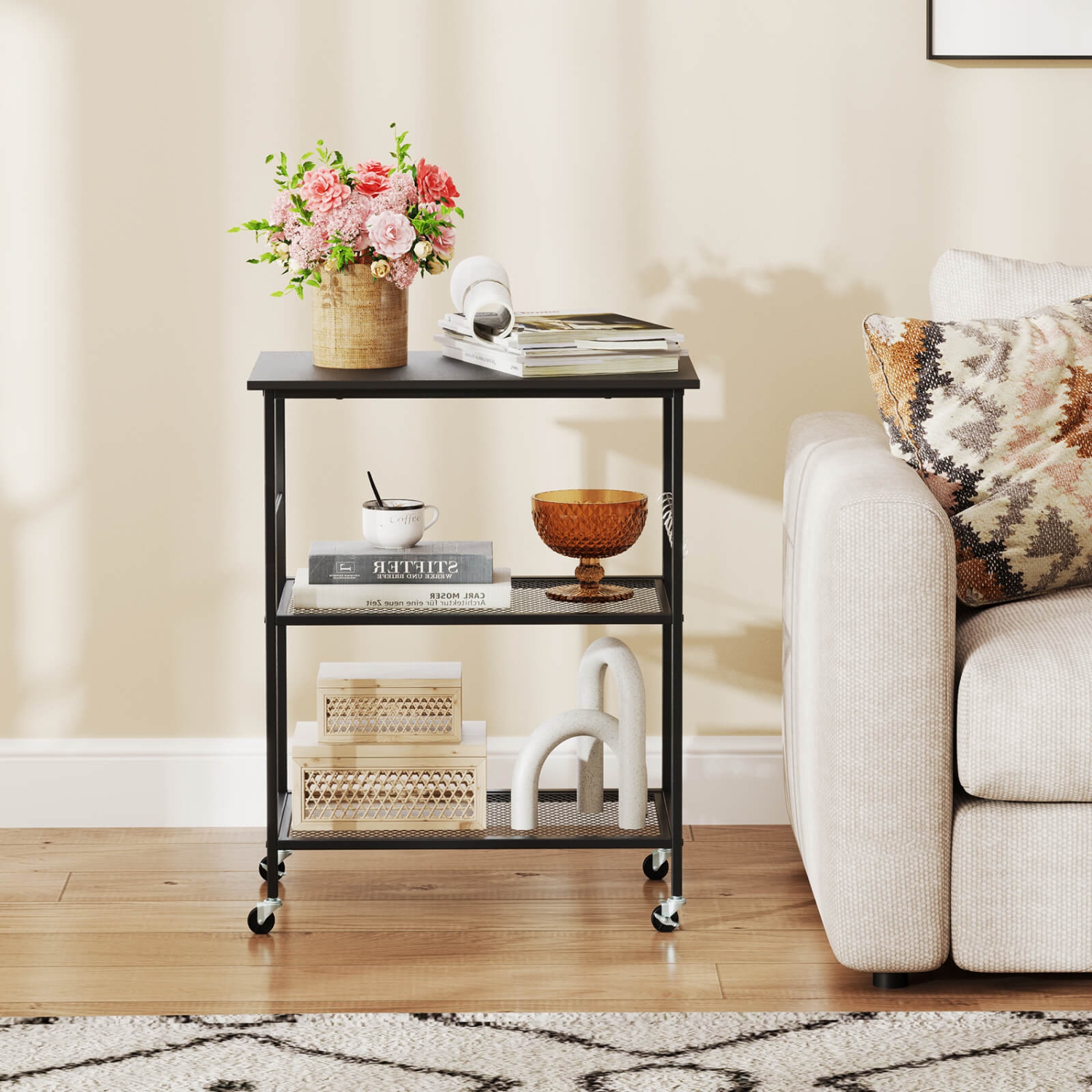 Costway 3-Tier Kitchen Serving Cart Utility Standing Microwave Rack with Hooks Rustic