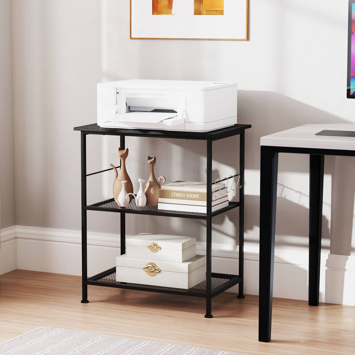 Costway 3-Tier Kitchen Serving Cart Utility Standing Microwave Rack with Hooks Rustic