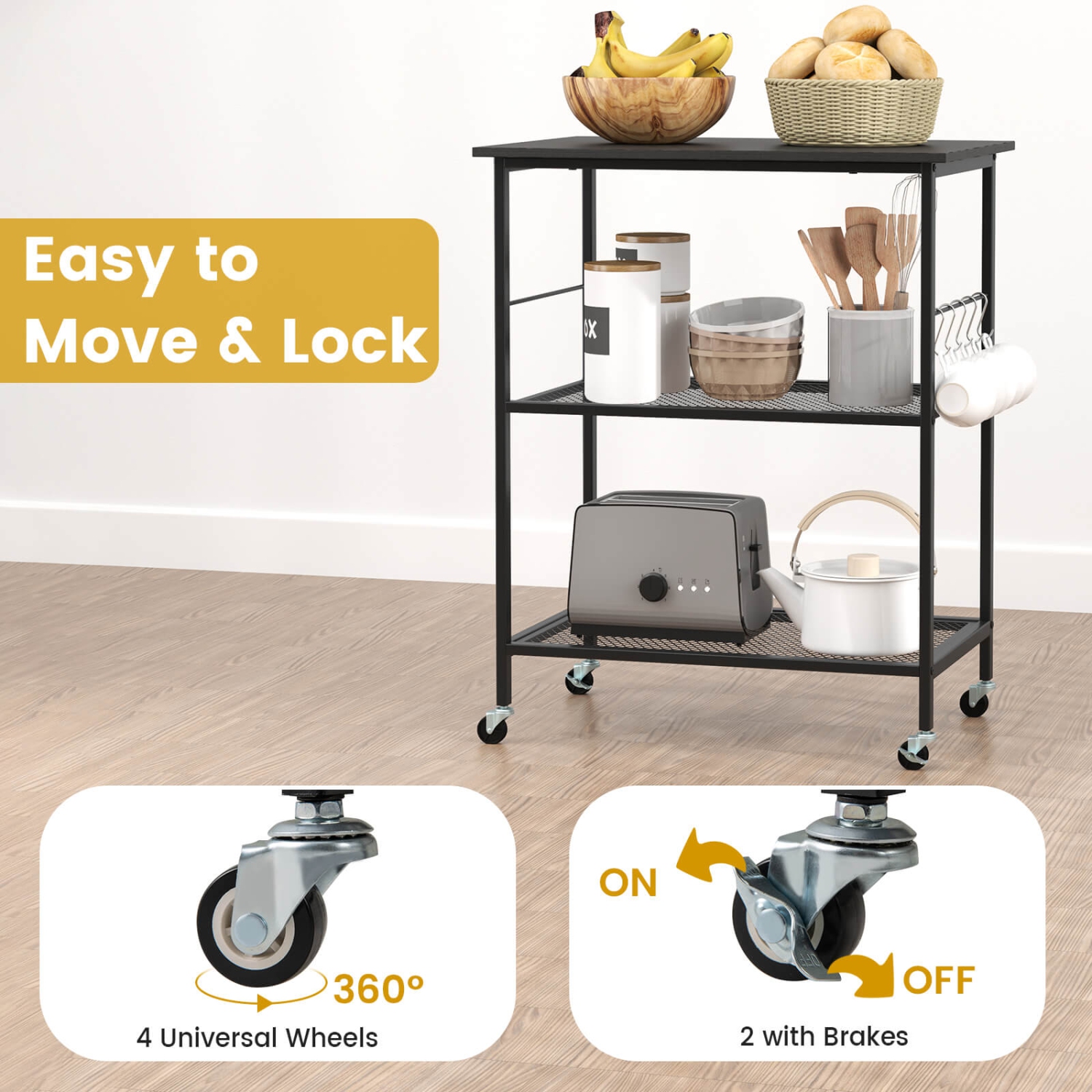 Costway 3-Tier Kitchen Serving Cart Utility Standing Microwave Rack with Hooks Rustic