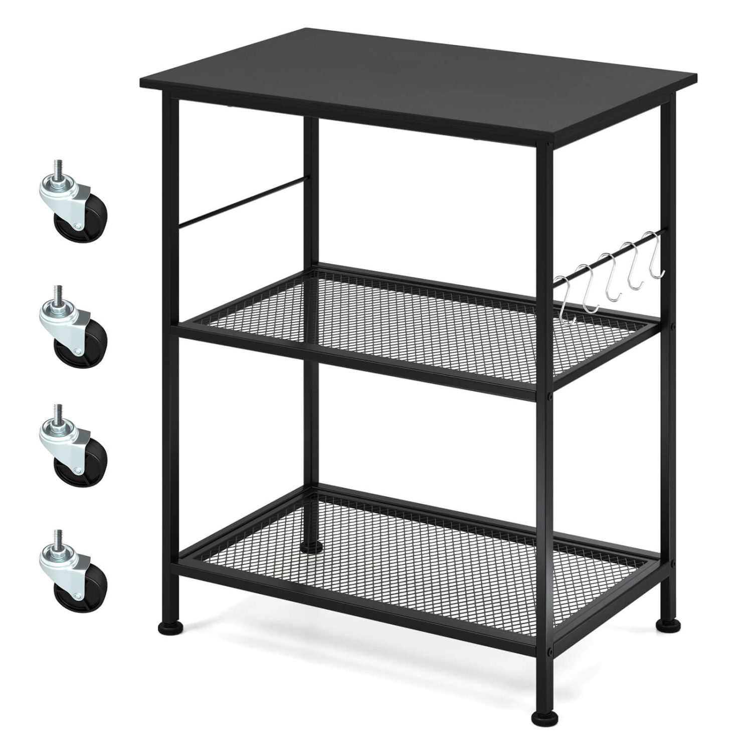 Costway 3-Tier Kitchen Serving Cart Utility Standing Microwave Rack with Hooks Rustic