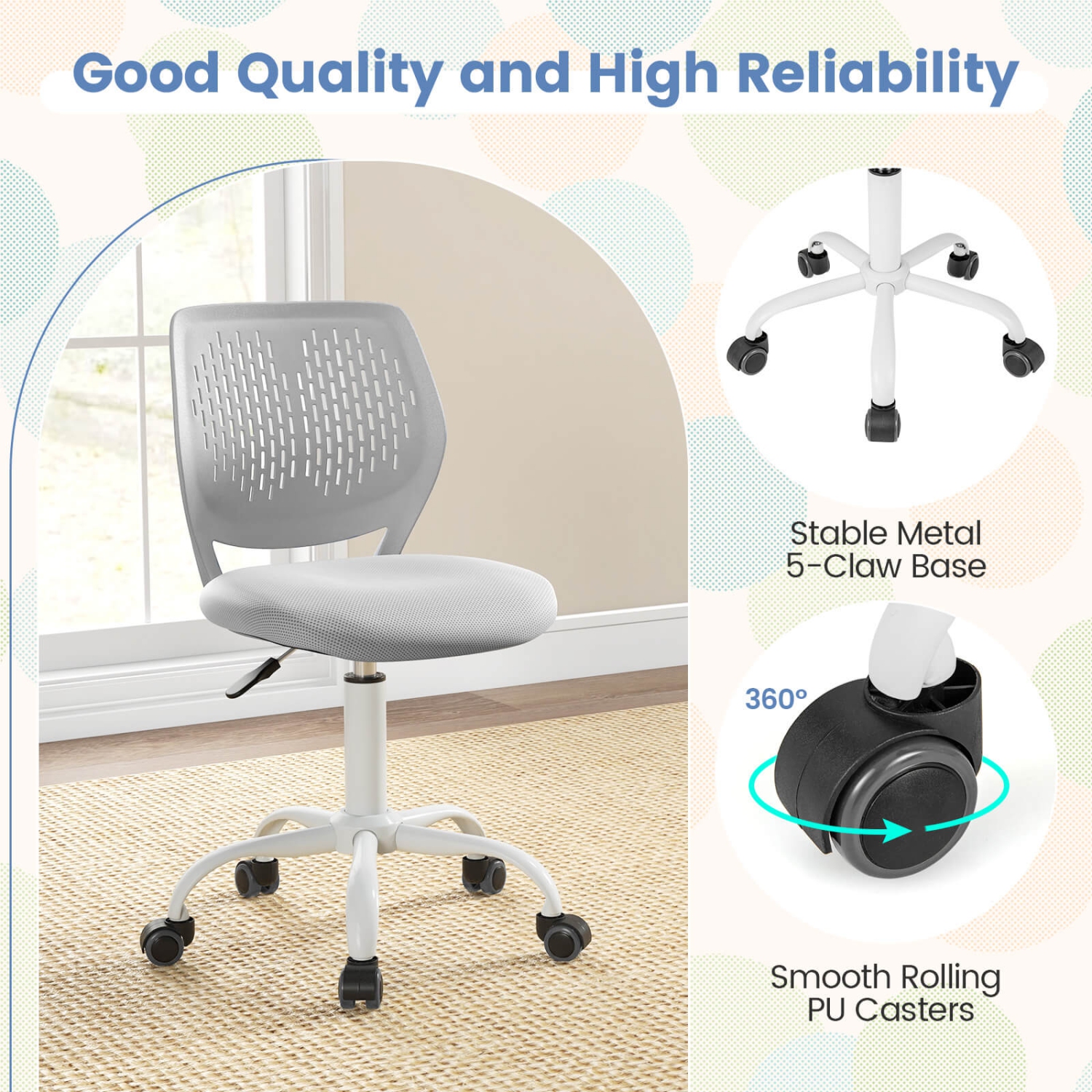 Costway Office Task Desk Armless Chair Adjustable Mid Back Swivel Study Chair