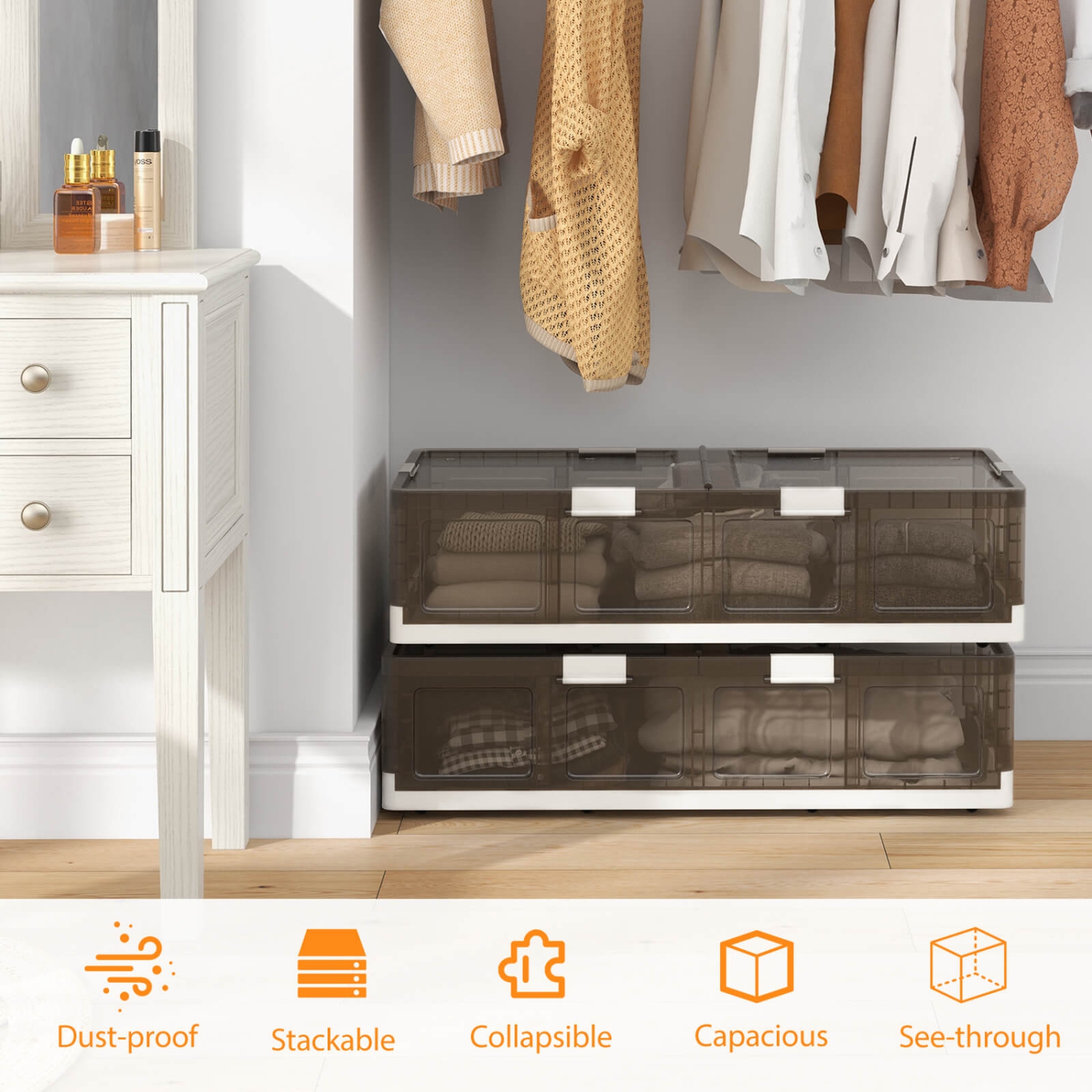 Costway 2/4 Pack 26.5 Gal Under Bed Storage Containers with Wheels Double Opening Lids