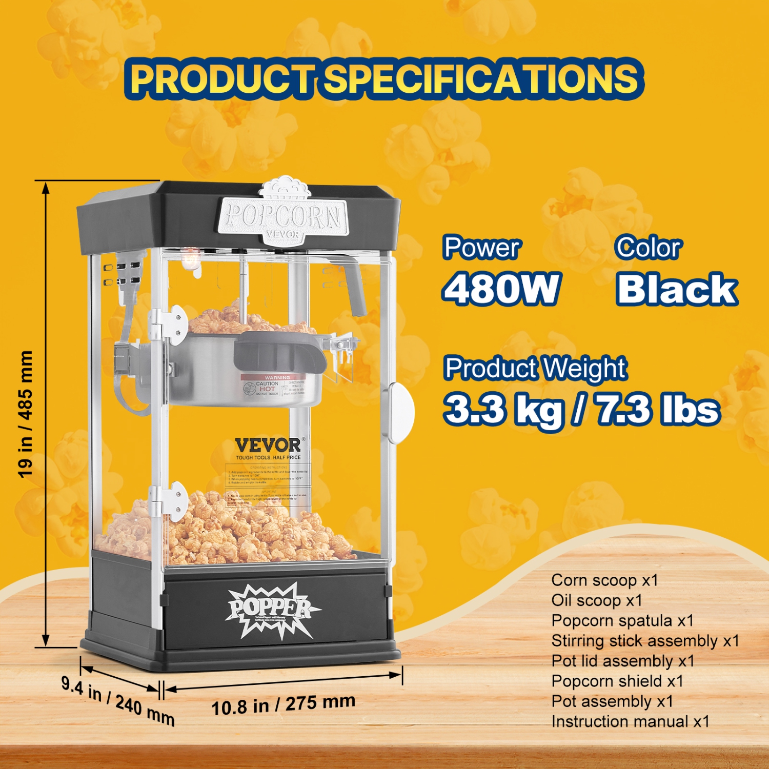 VEVOR 480W Popcorn Maker, Popcorn Popper Machine, 4 Oz Kettle Makes 1.5 Gallon per Batch, Tabletop Popcorn Maker, Includes 3 Scoops, Movie Theater
