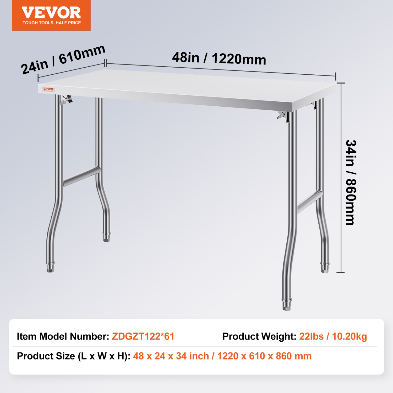 VEVOR 48 x 24 Inch Folding Commercial Prep Table, Commercial Worktable Workstation, Heavy-duty Stainless Steel Folding Table, Kitchen Work Table, for