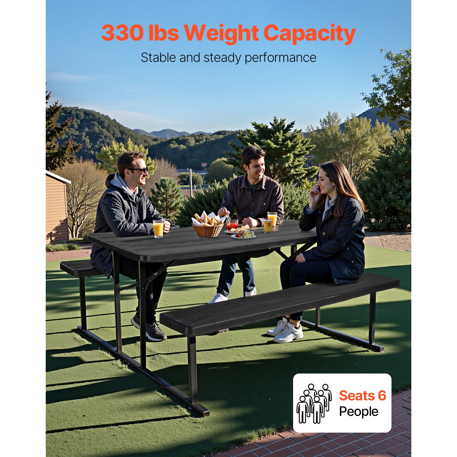 VEVOR 6 FT Foldable Picnic Table, Folding Picnic Tables with Benches, Steel Outdoor Bench Set with Umbrella Hole, Large Outside Dining Table for