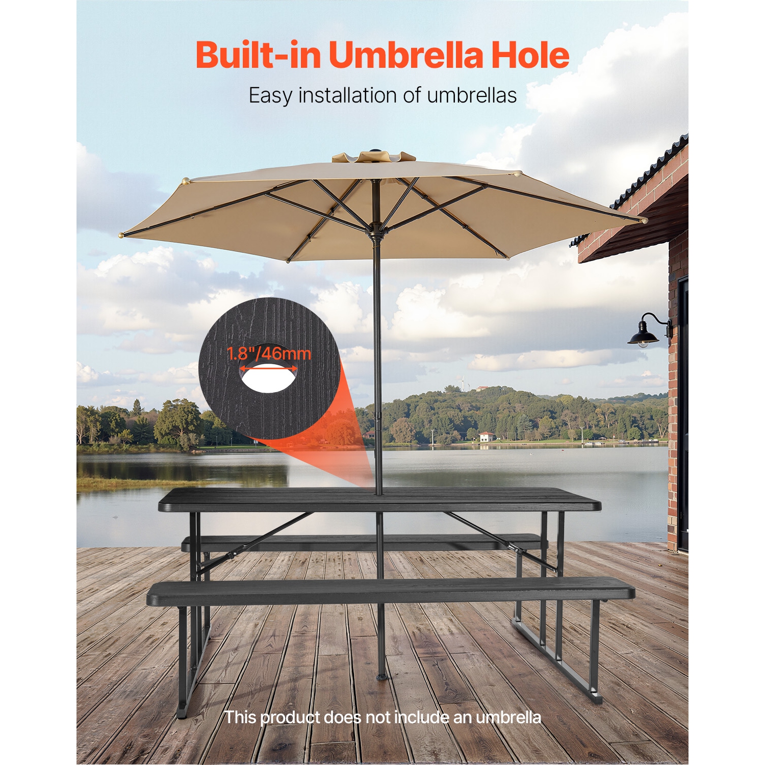 VEVOR 6 FT Foldable Picnic Table, Folding Picnic Tables with Benches, Steel Outdoor Bench Set with Umbrella Hole, Large Outside Dining Table for