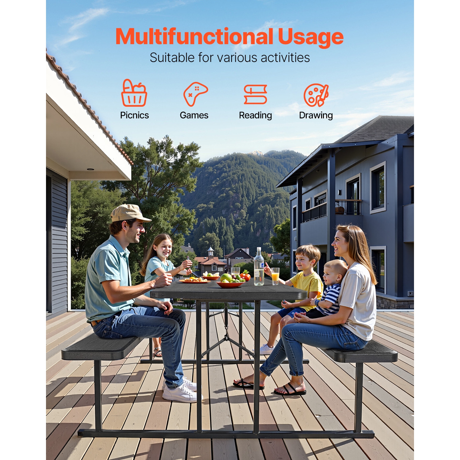 VEVOR 6 FT Foldable Picnic Table, Folding Picnic Tables with Benches, Steel Outdoor Bench Set with Umbrella Hole, Large Outside Dining Table for