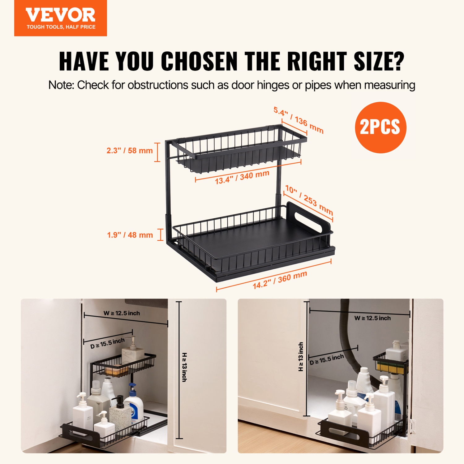 VEVOR 2 Tier Pull Out Cabinet Organizer(10.7"W x 14.2"D ), Under Sink Organizer and Storage, Slide Out Drawer Cabinet Organizer, Wire Basket Sliding