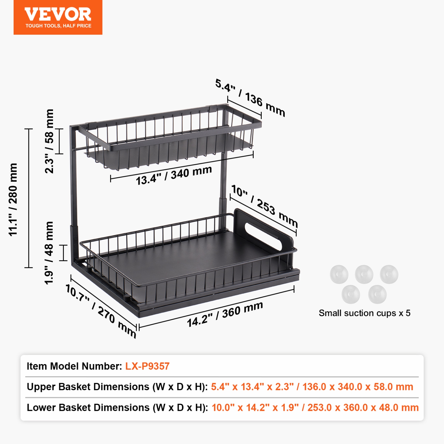 VEVOR 2 Tier Pull Out Cabinet Organizer(10.7"W x 14.2"D ), Under Sink Organizer and Storage, Slide Out Drawer Cabinet Organizer, Wire Basket Sliding