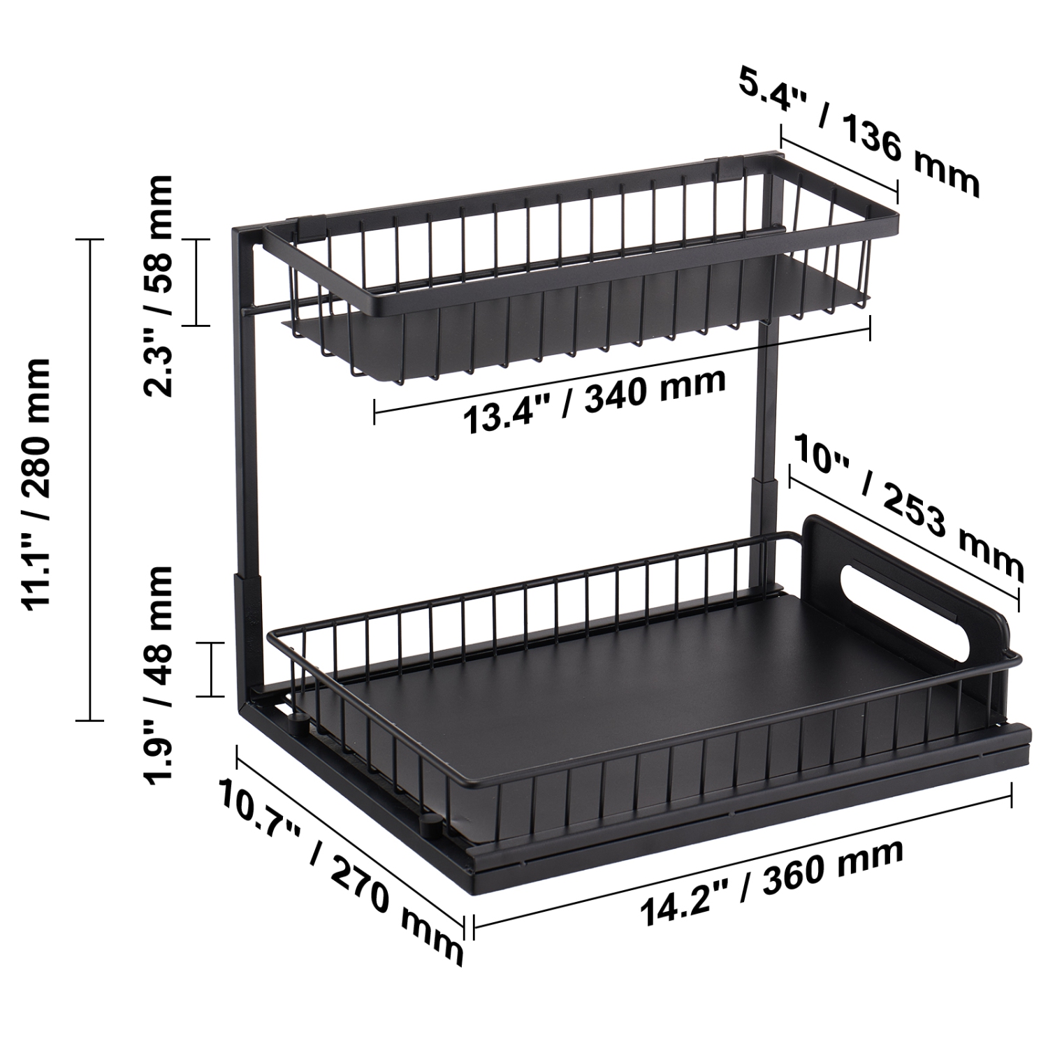 VEVOR 2 Tier Pull Out Cabinet Organizer(10.7"W x 14.2"D ), Under Sink Organizer and Storage, Slide Out Drawer Cabinet Organizer, Wire Basket Sliding