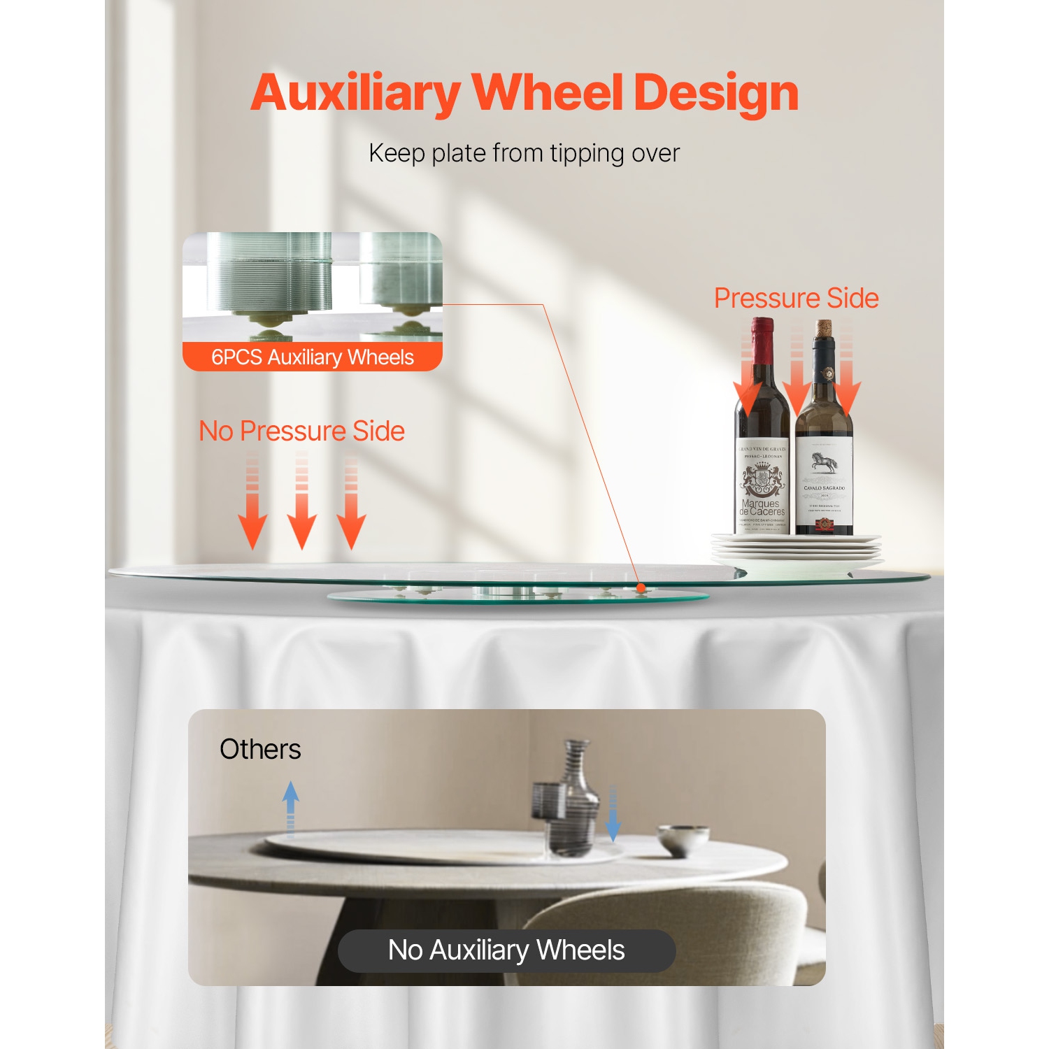 VEVOR 40 in Glass Lazy Susan Turntable, Tempered Glass Dining Table Centerpiece with 6 Rotating Wheels, 360° Smooth and Silent Spin Tabletop Rotating