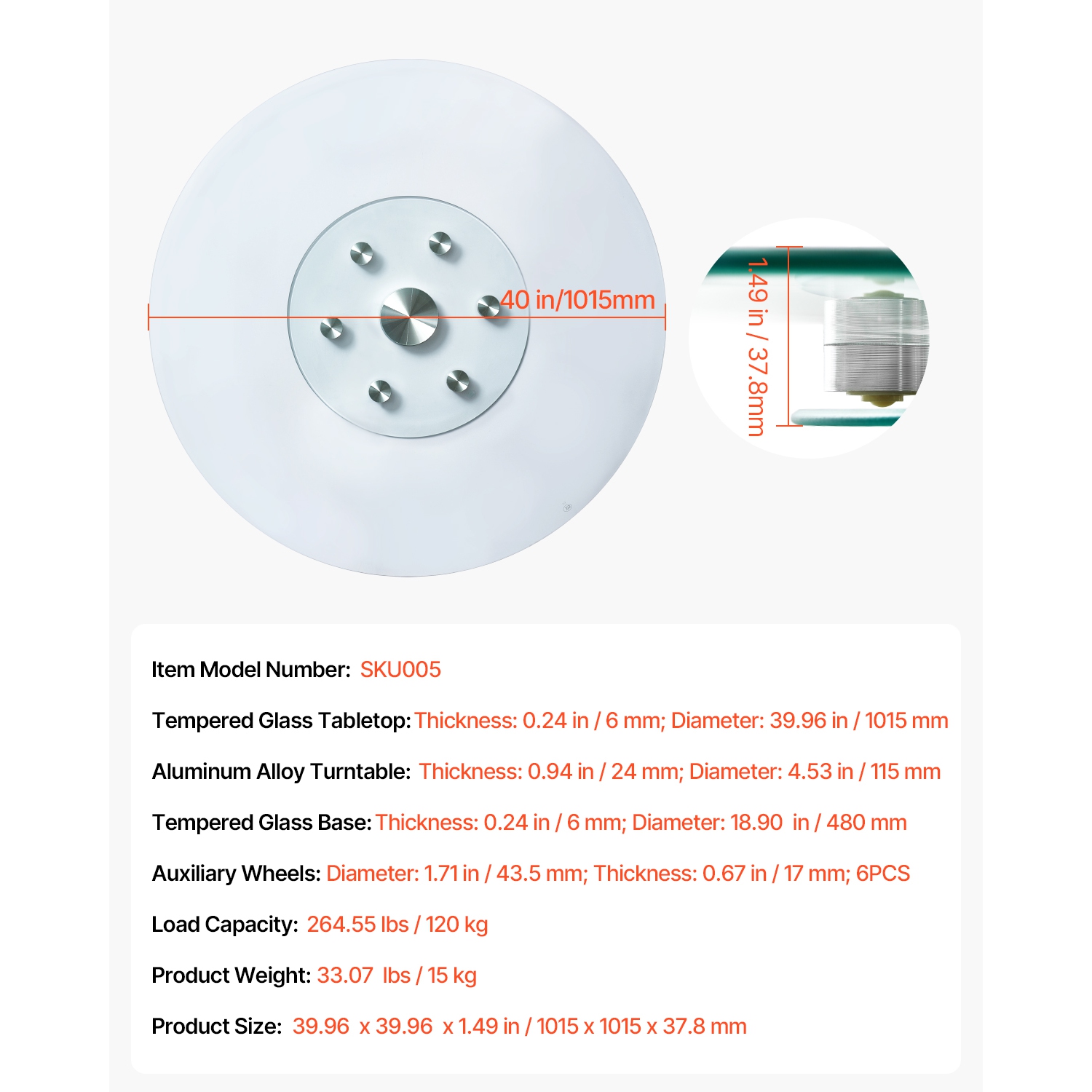 VEVOR 40 in Glass Lazy Susan Turntable, Tempered Glass Dining Table Centerpiece with 6 Rotating Wheels, 360° Smooth and Silent Spin Tabletop Rotating