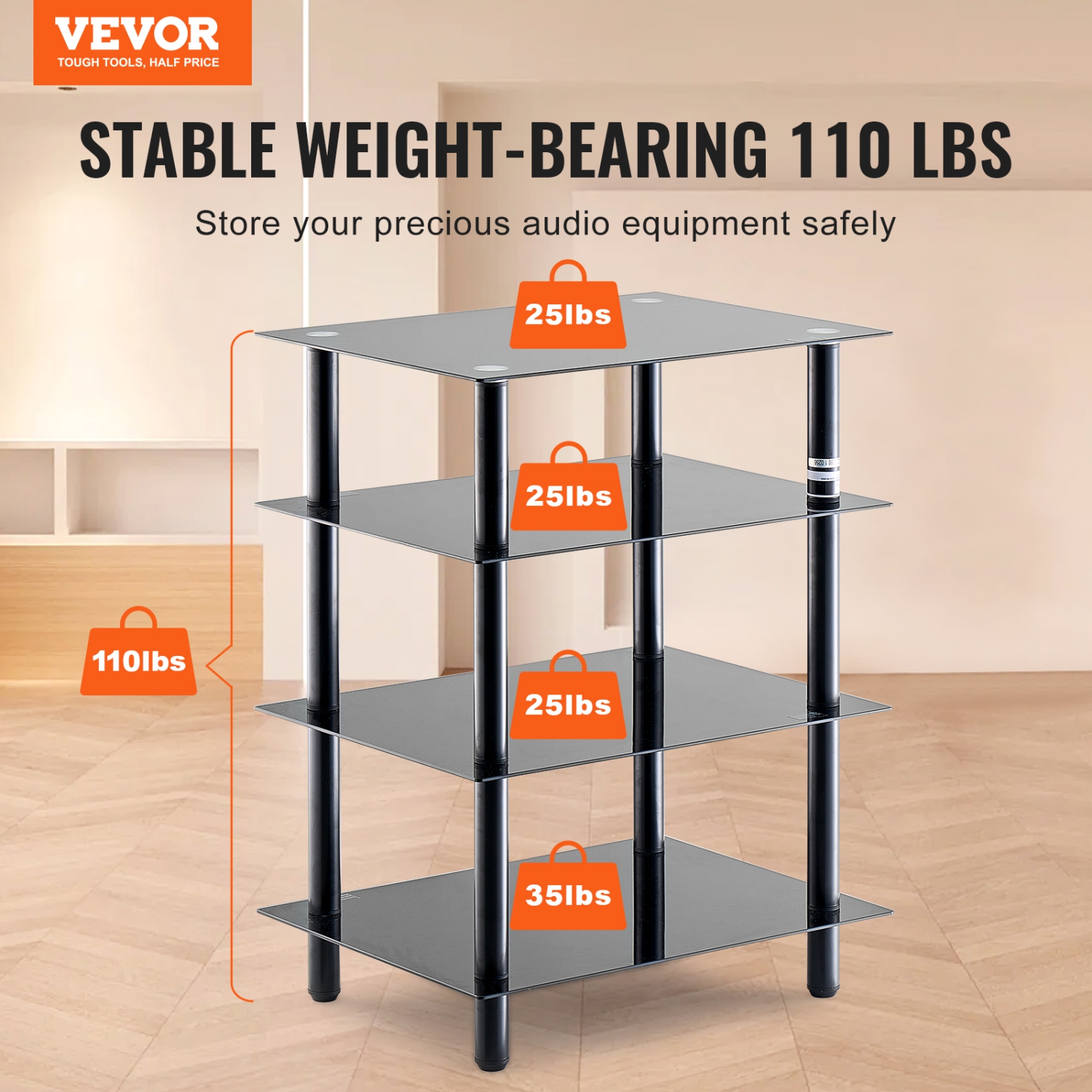 VEVOR 4-Tier AV Media Stand, Audio/Video Stand with Strengthened Tempered Glass Shevles for DVD/Cable Boxes/Games Consoles, Media Storage Cabinet for