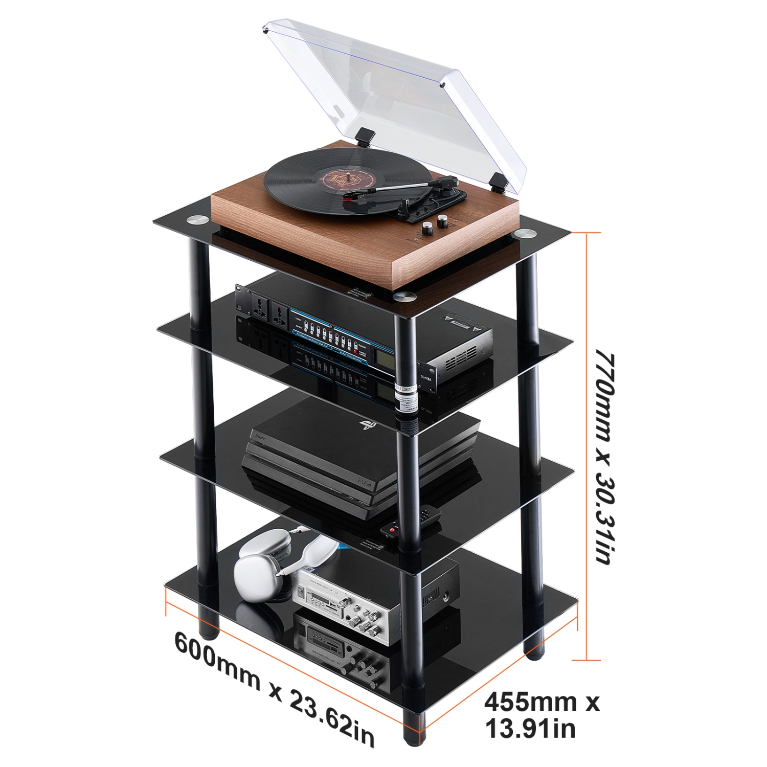 VEVOR 4-Tier AV Media Stand, Audio/Video Stand with Strengthened Tempered Glass Shevles for DVD/Cable Boxes/Games Consoles, Media Storage Cabinet for