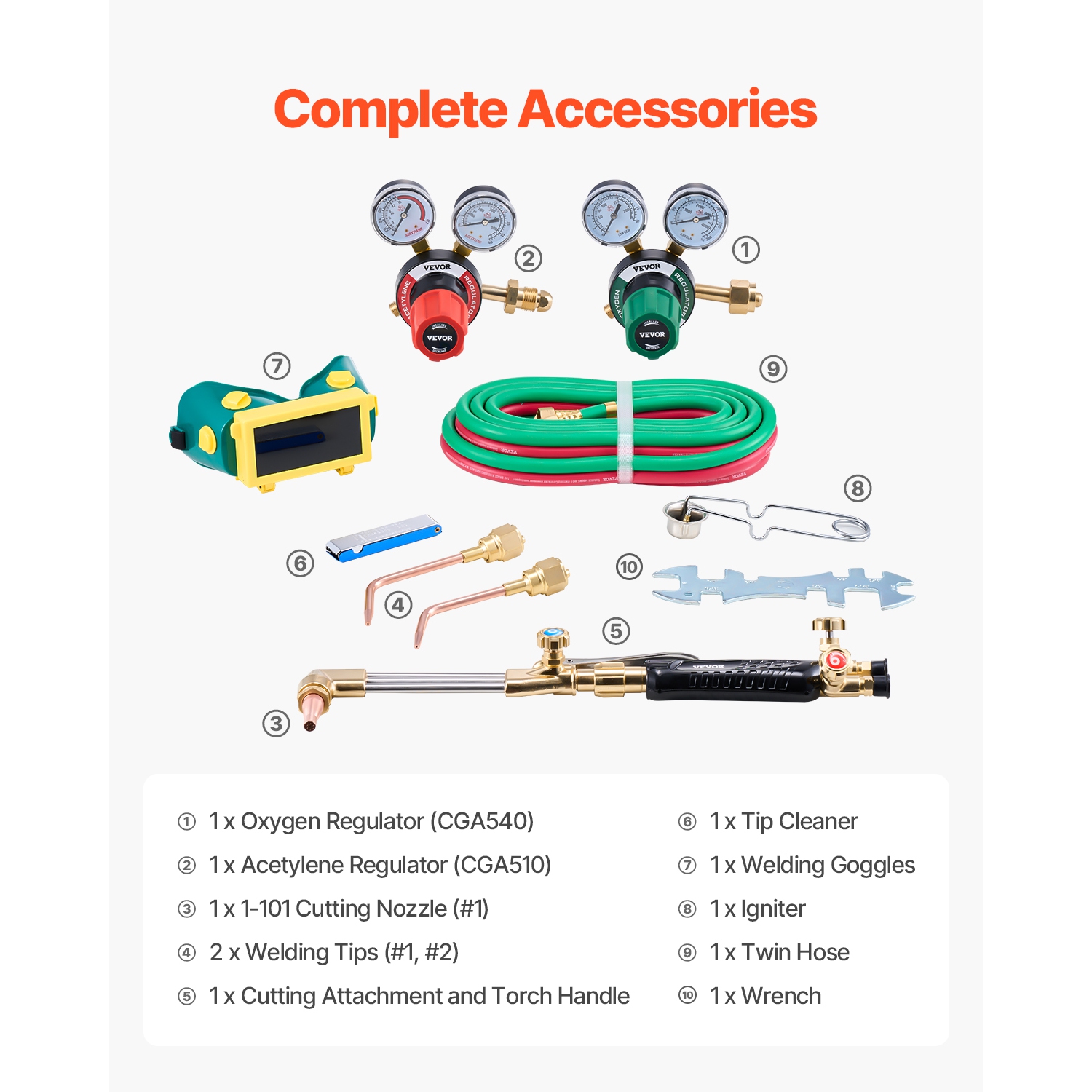 VEVOR 12PCS Oxygen Acetylene Torch Kit, Gas Welding Cutting Torch Kit, with 177 inches Twin-Hose, 1 Cutting Nozzle, 2 Welding Tips & 2 Regulators