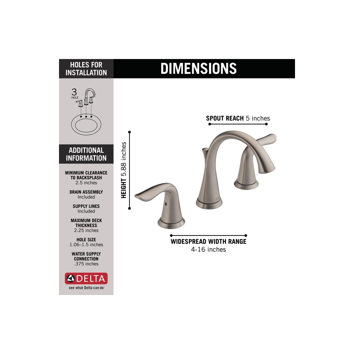 Delta Faucet Lahara Widespread Bathroom Faucet Brushed Nickel, Bathroom Faucet 3 Hole, Diamond Seal Technology, Metal Drain Assembly