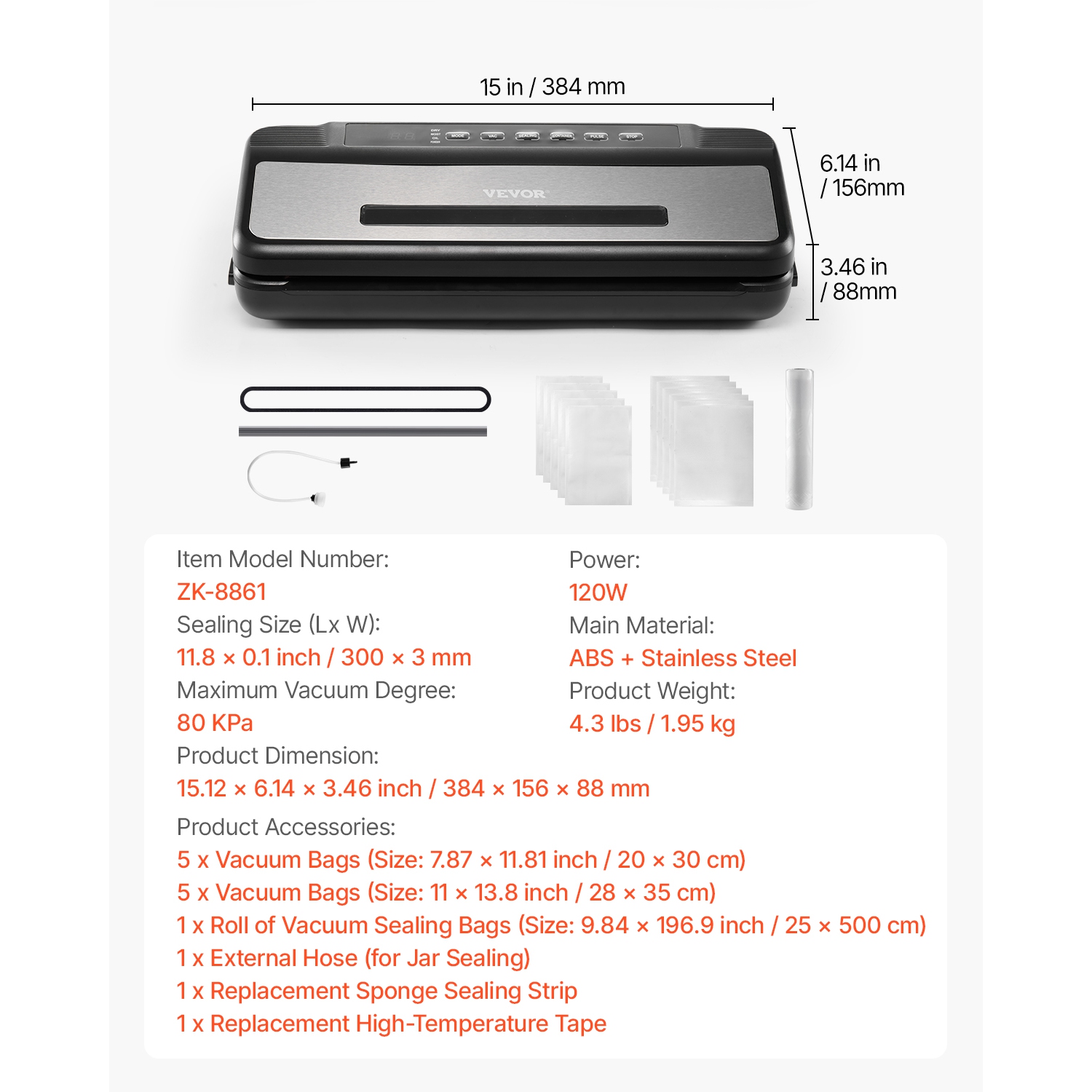 Scelleuse sous vide VEVOR 80Kpa, Scelleuse compacte puissante 120&nbsp;W, système d'étanchéité à air automatique 7-en-1 multifonction avec