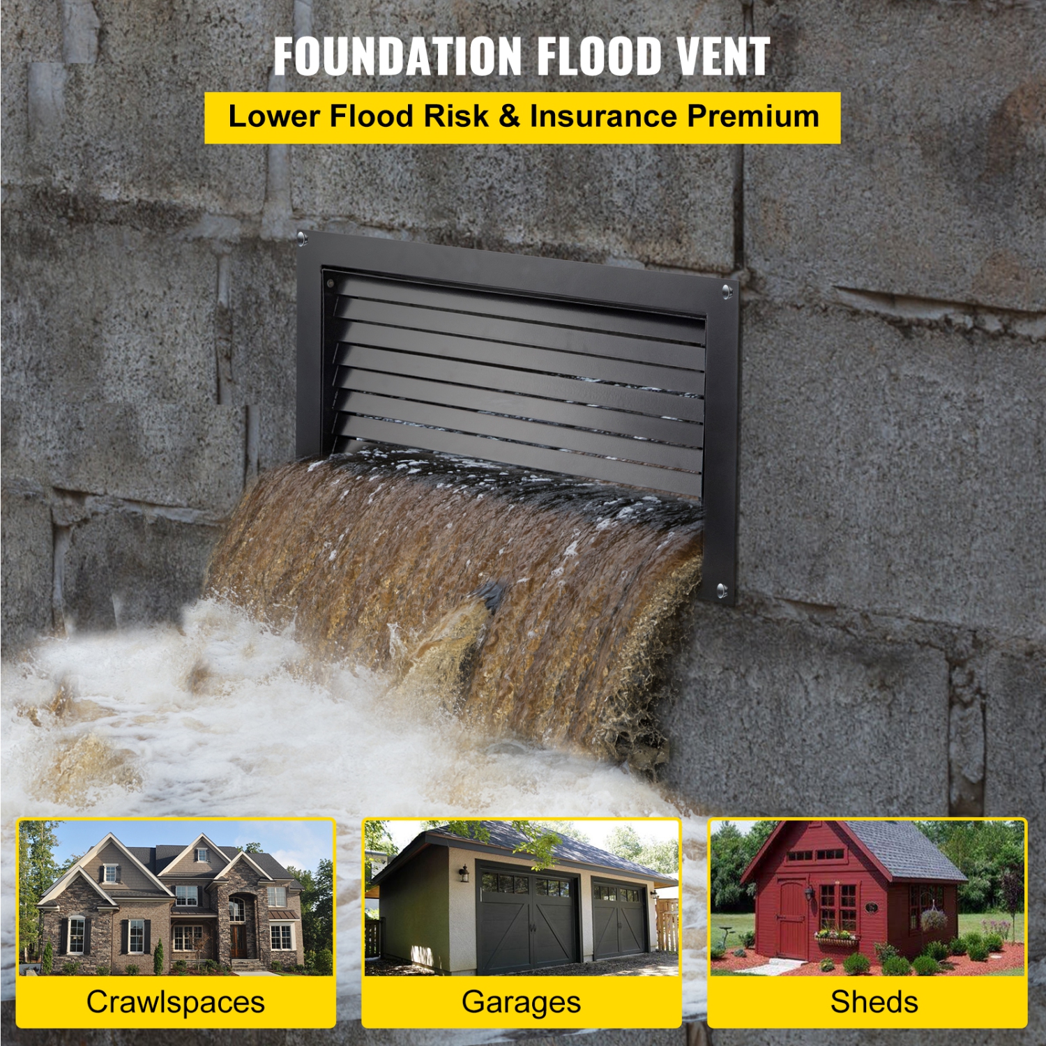VEVOR Foundation Flood Vent, 8" Height x 16" Width Flood Vent, to Reduce Foundation Damage and Flood Risk, Black, Wall Mounted Flood Vent, for