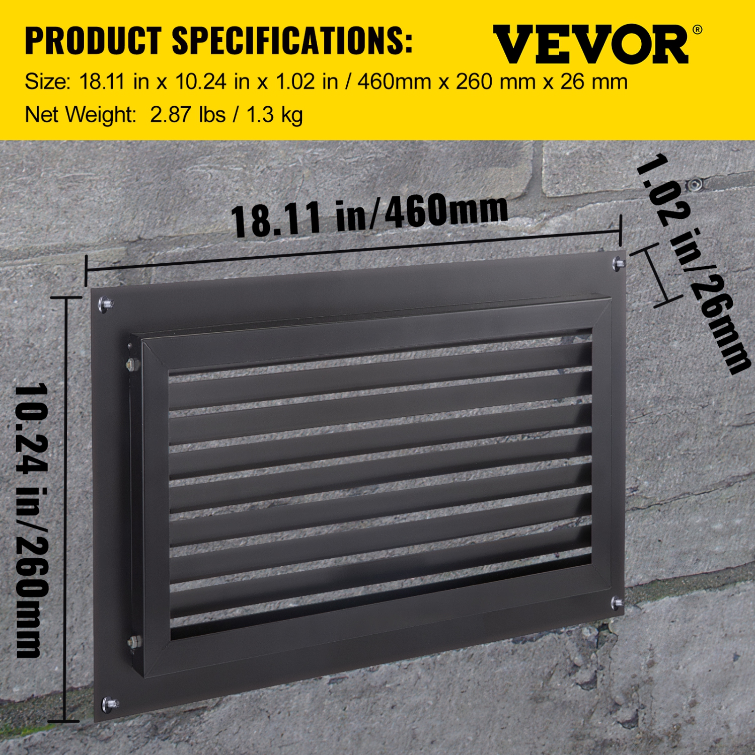 VEVOR Foundation Flood Vent, 8" Height x 16" Width Flood Vent, to Reduce Foundation Damage and Flood Risk, Black, Wall Mounted Flood Vent, for