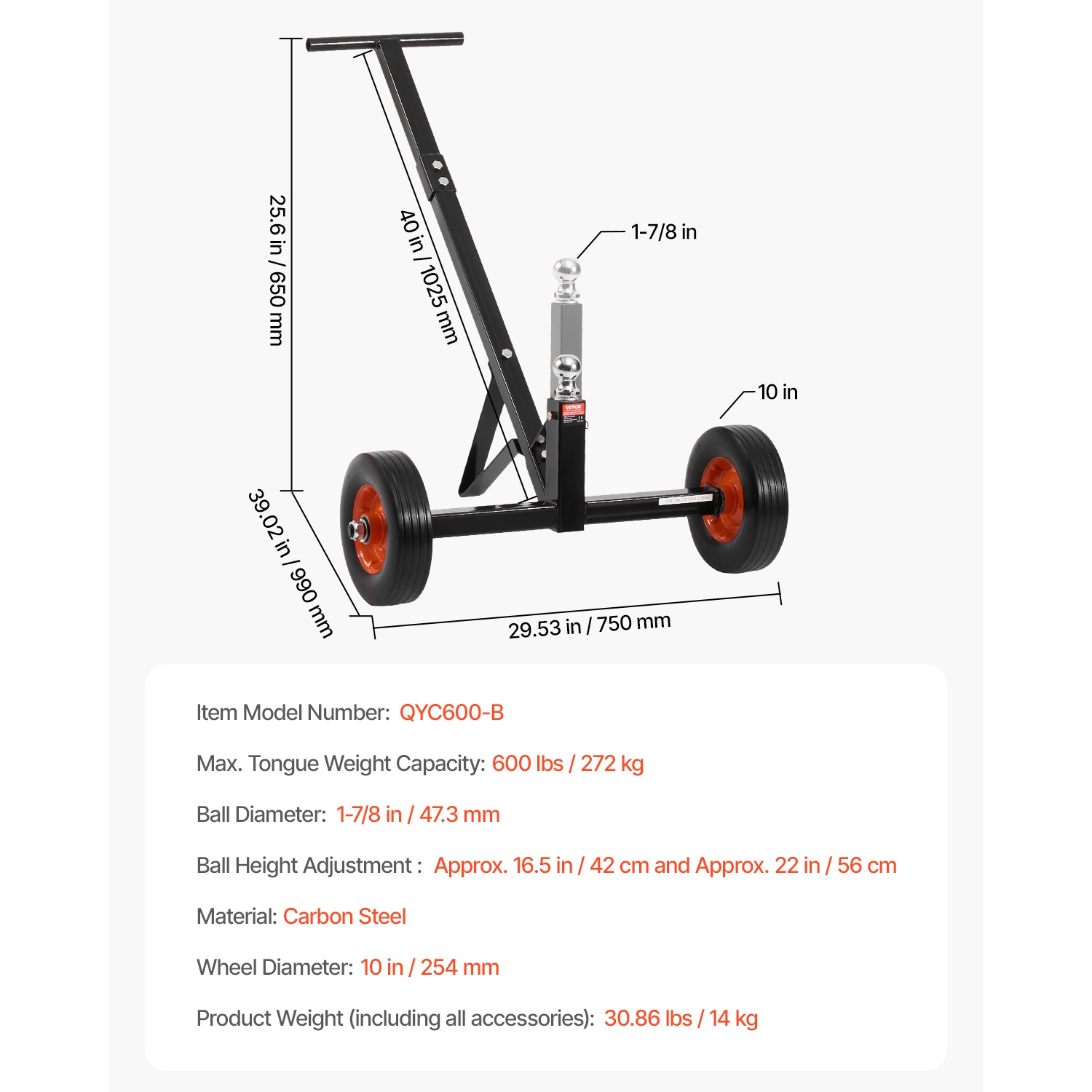 VEVOR Trailer Dolly, 600lbs Tongue Weight Capacity, Carbon Steel Trailer Mover with 16.5 inch and 22 inch Adjustable Height, 1-7/8 in Hitch Ball and