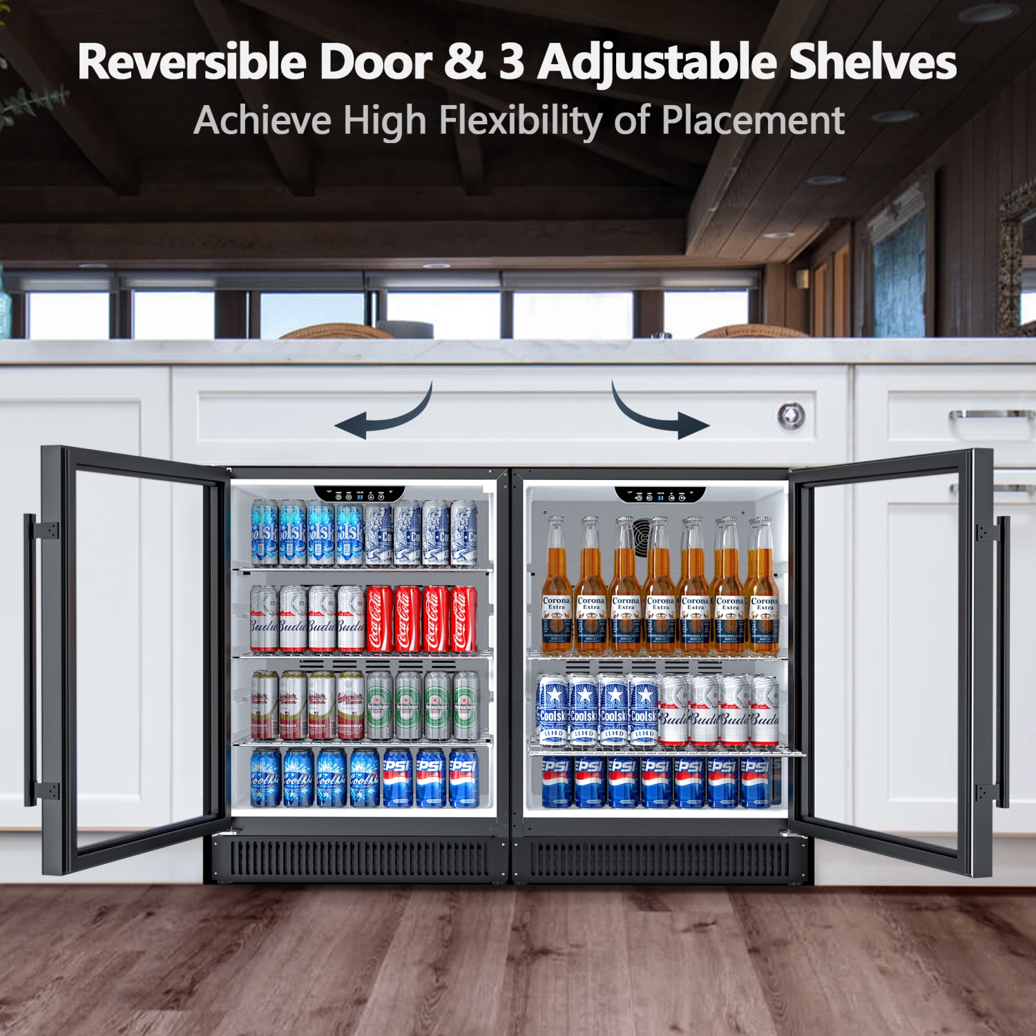 Coolski Beverage Refrigerator 24 Inch Under-Counter Beverage Fridge 180 Cans Built-In or Freestanding Beverage Cooler with Glass Door for Home Bar