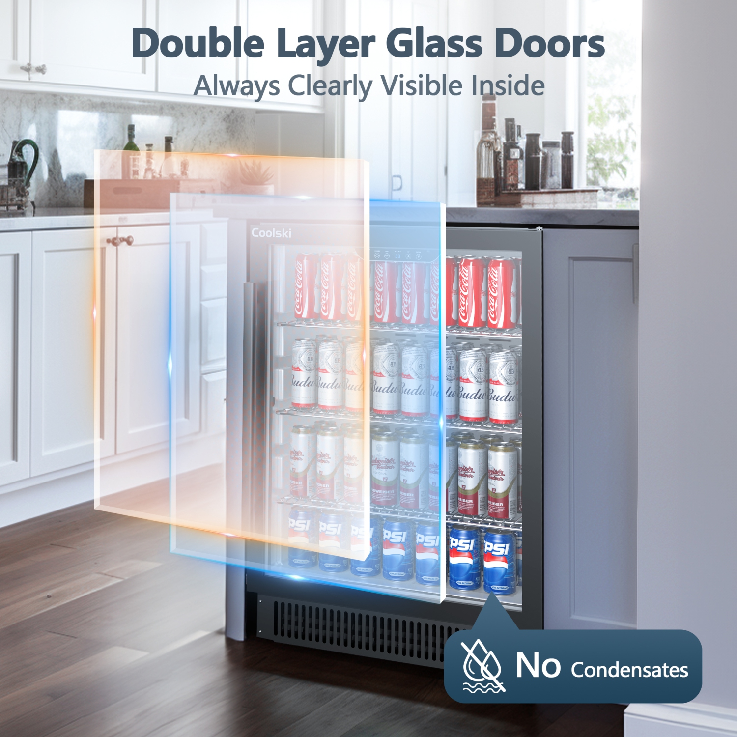 Coolski Beverage Refrigerator 24 Inch Under-Counter Beverage Fridge 180 Cans Built-In or Freestanding Beverage Cooler with Glass Door for Home Bar