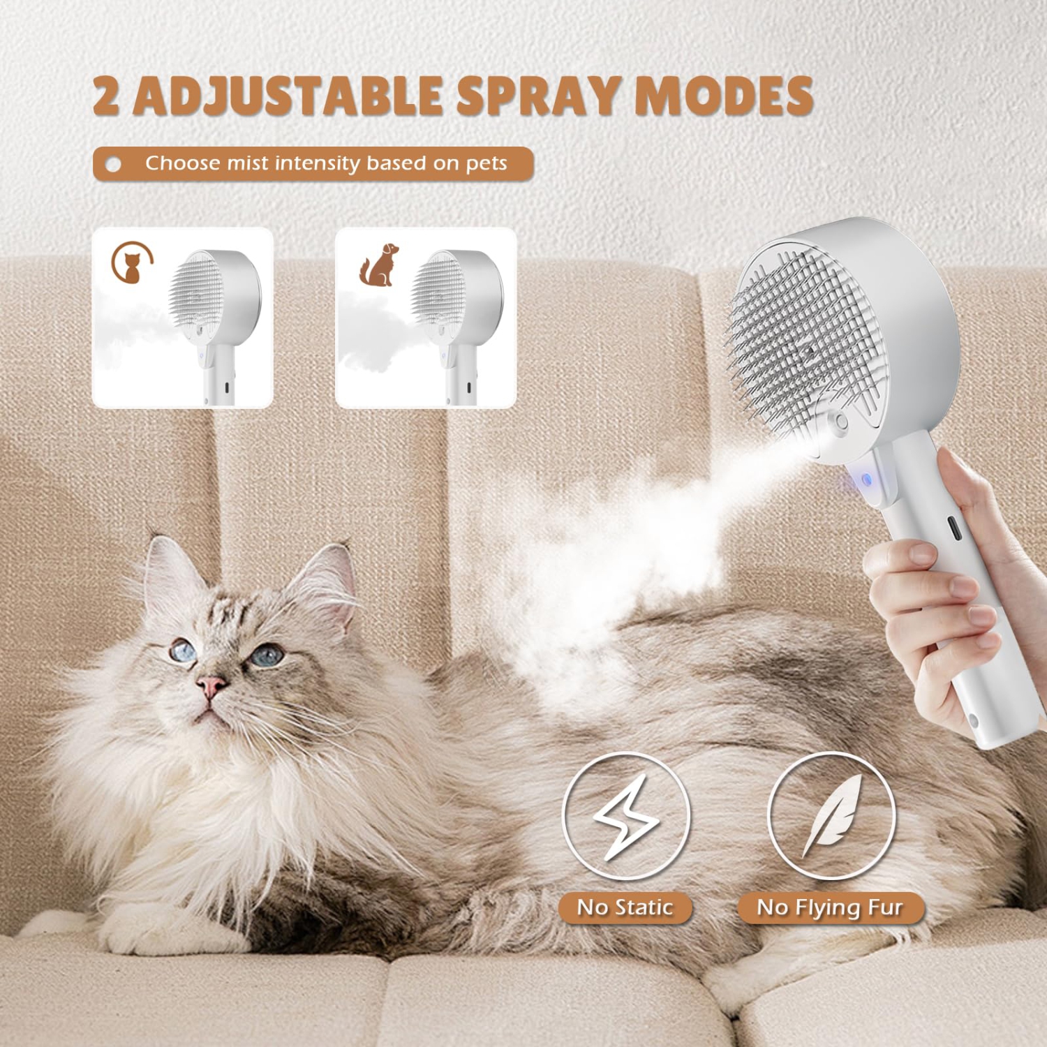 Cat Brush - Steam & Massage for Shedding Indoor Cats & Dogs, Long/Short Hair,with 30ml Tank, UV light Cat Brush