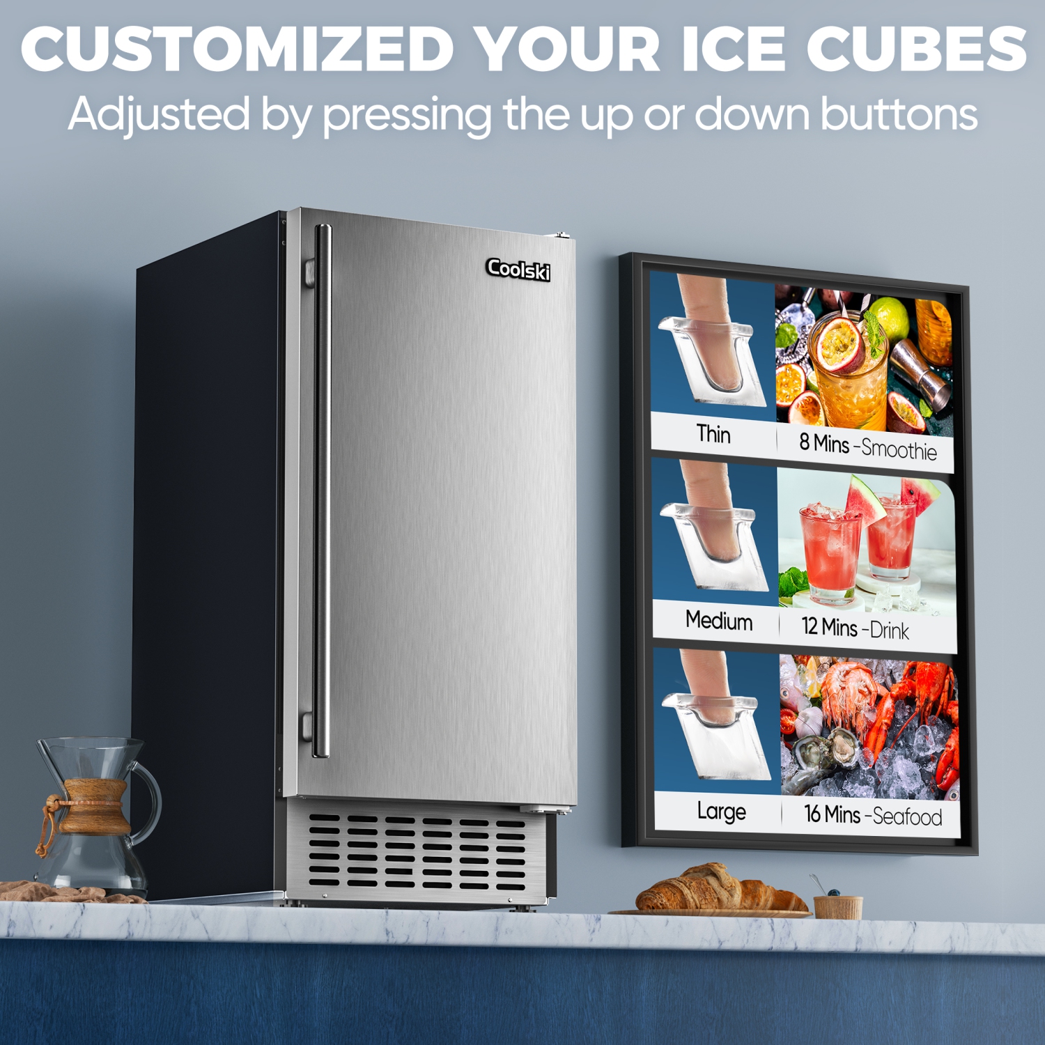 Coolski 15" W Commercial Under Counter Ice Maker 100 lbs/Day, Bulit-in Machine